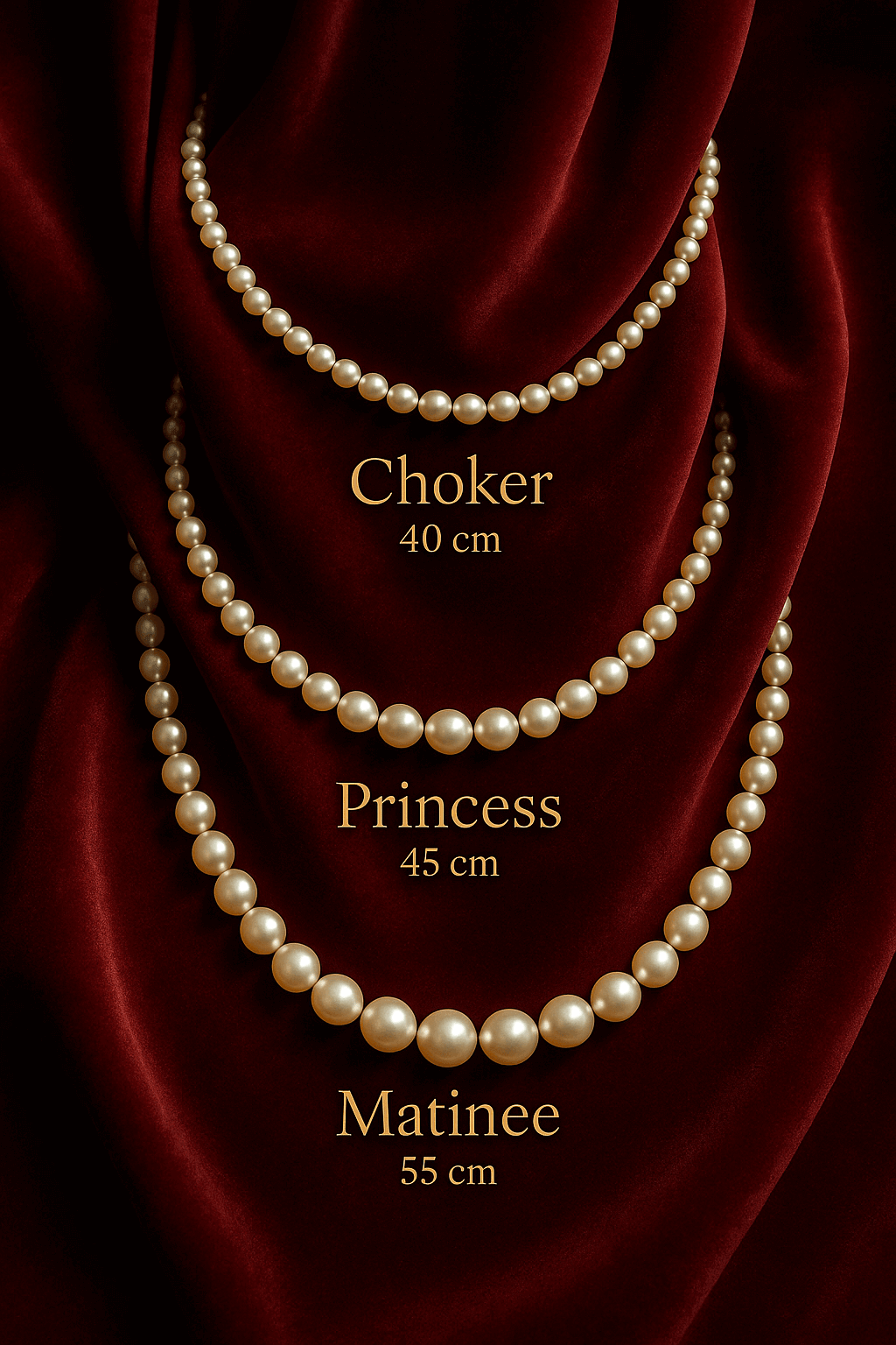 Doğru kolye boyu seçenekleri: Choker, Princess ve Matinee uzunlukları ile gösterilmektedir.