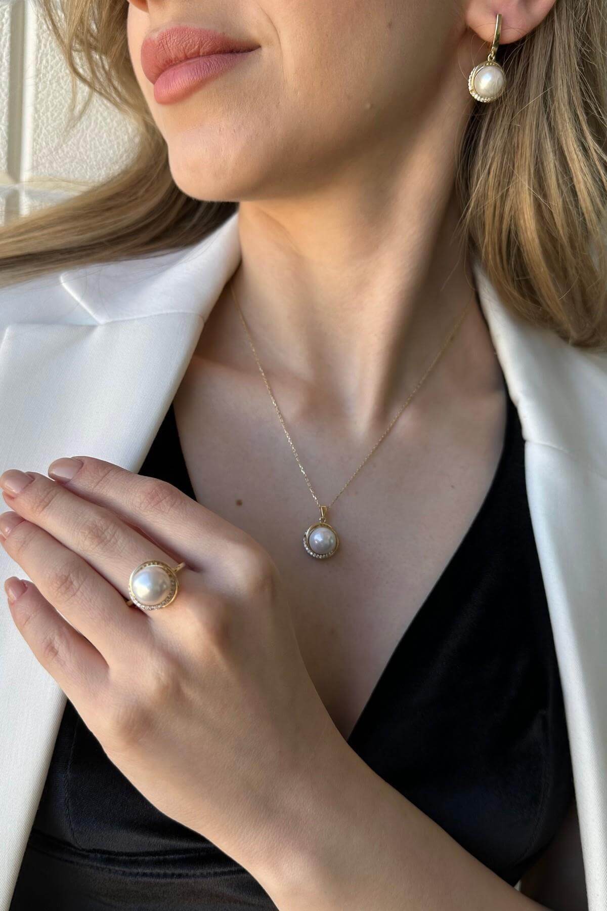 Doğal İnci Küpe Kolye Yüzük Üçlü Set | | Birinci1926