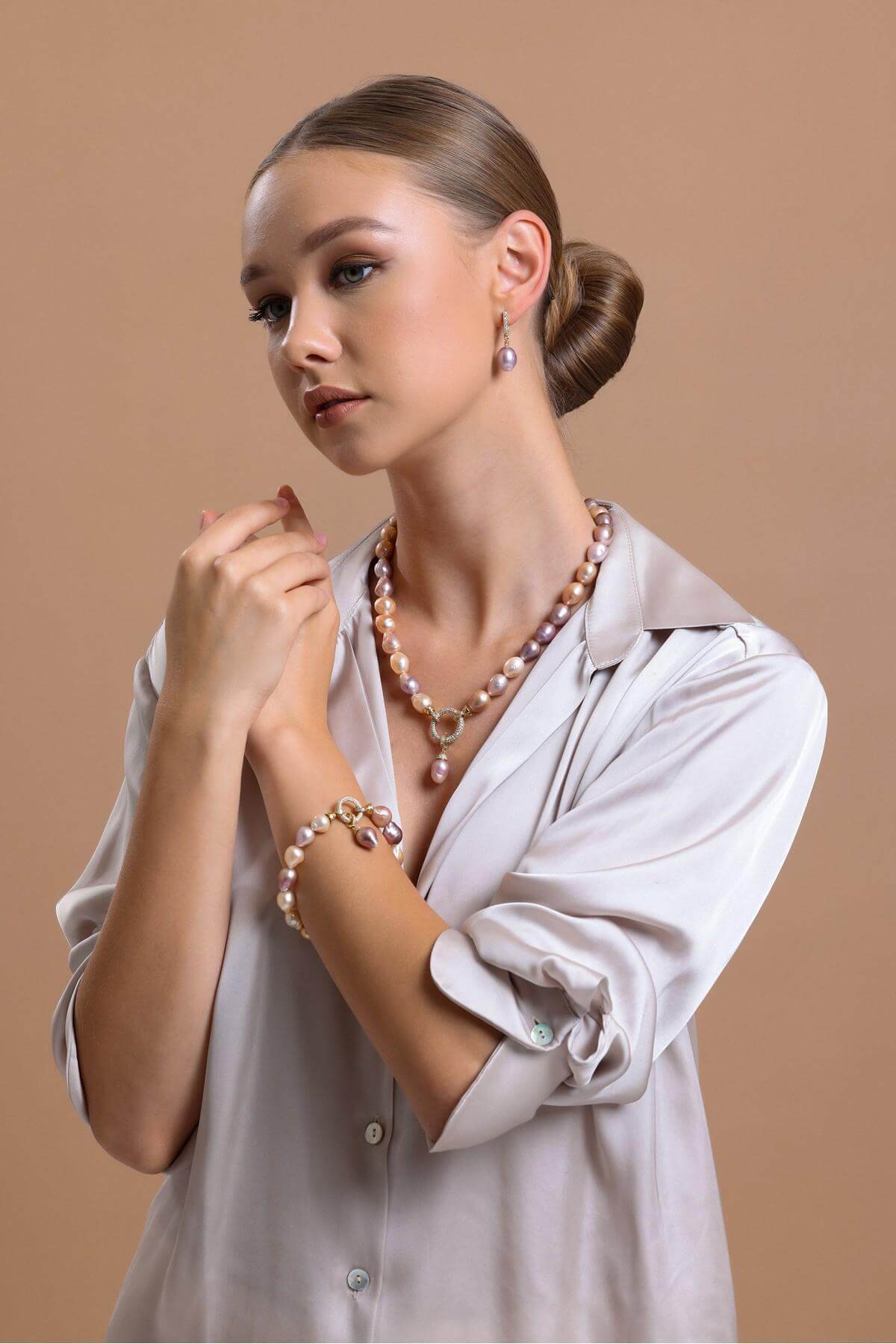 Halka Kilitli Multicolor Barok Doğal İnci Küpe Kolye Bileklik Üçlü Set | | Birinci1926