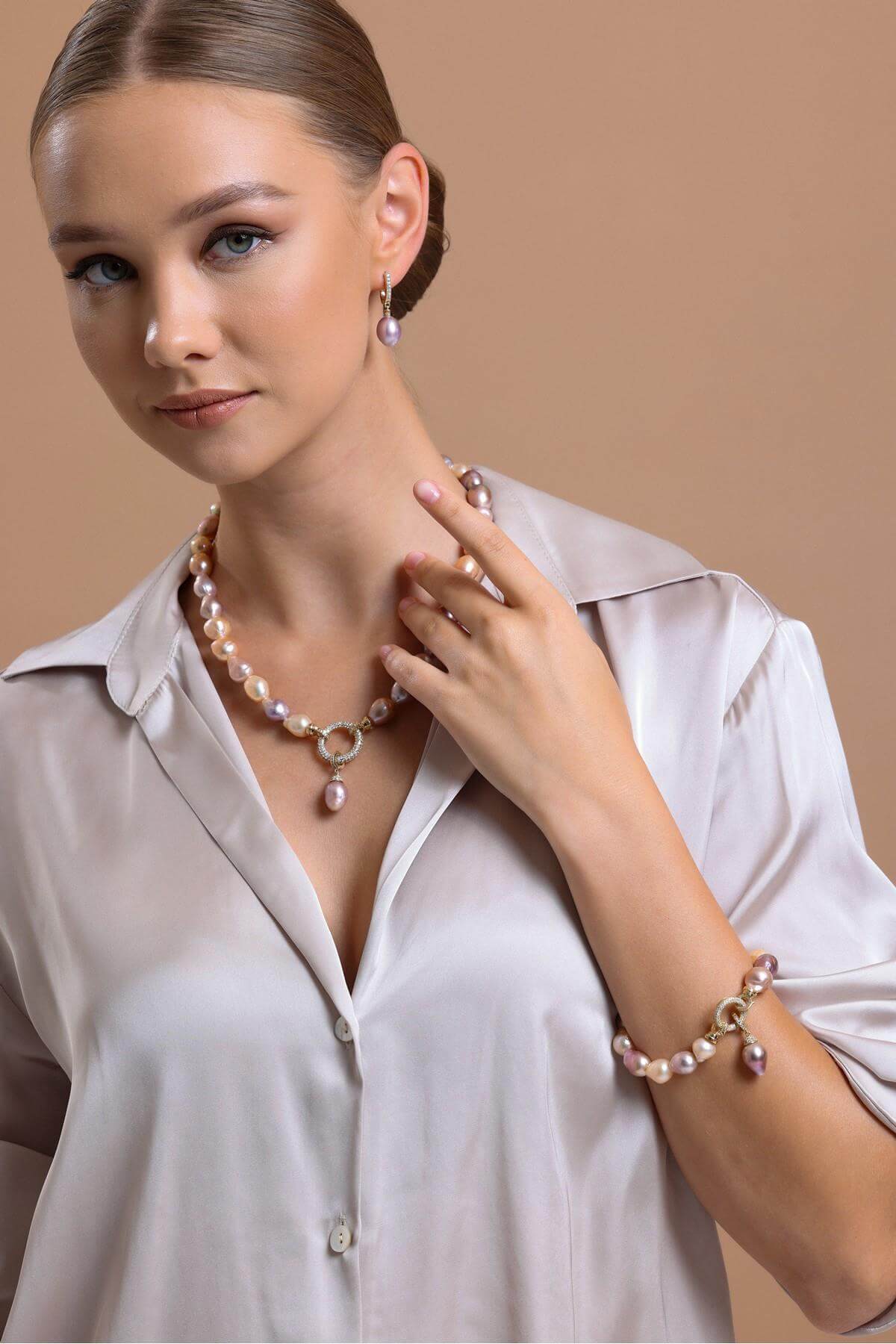 Halka Kilitli Multicolor Barok Doğal İnci Küpe Kolye Bileklik Üçlü Set | | Birinci1926