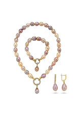 Halka Kilitli Multicolor Barok Doğal İnci Küpe Kolye Bileklik Üçlü Set | | Birinci1926