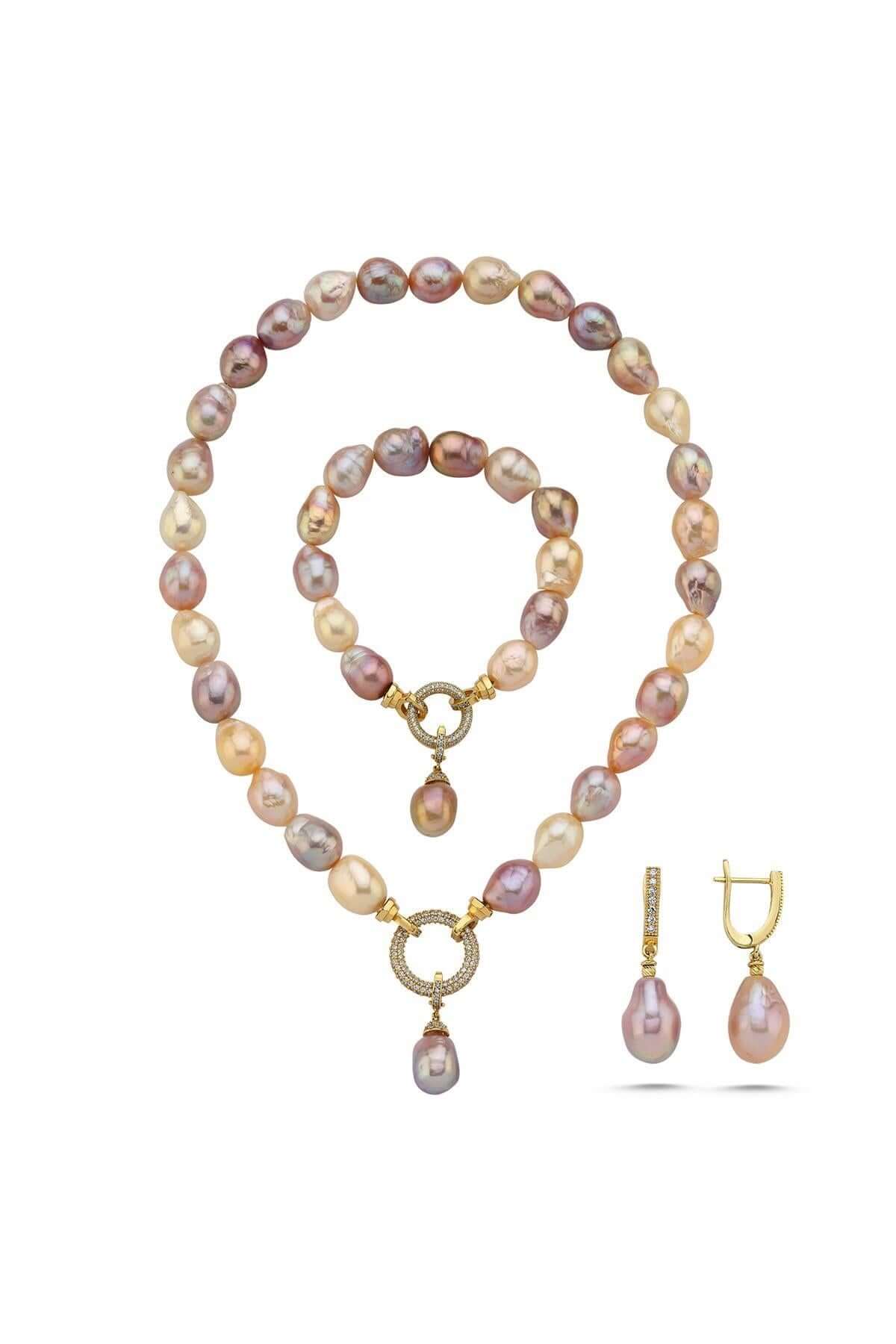 Halka Kilitli Multicolor Barok Doğal İnci Küpe Kolye Bileklik Üçlü Set | | Birinci1926