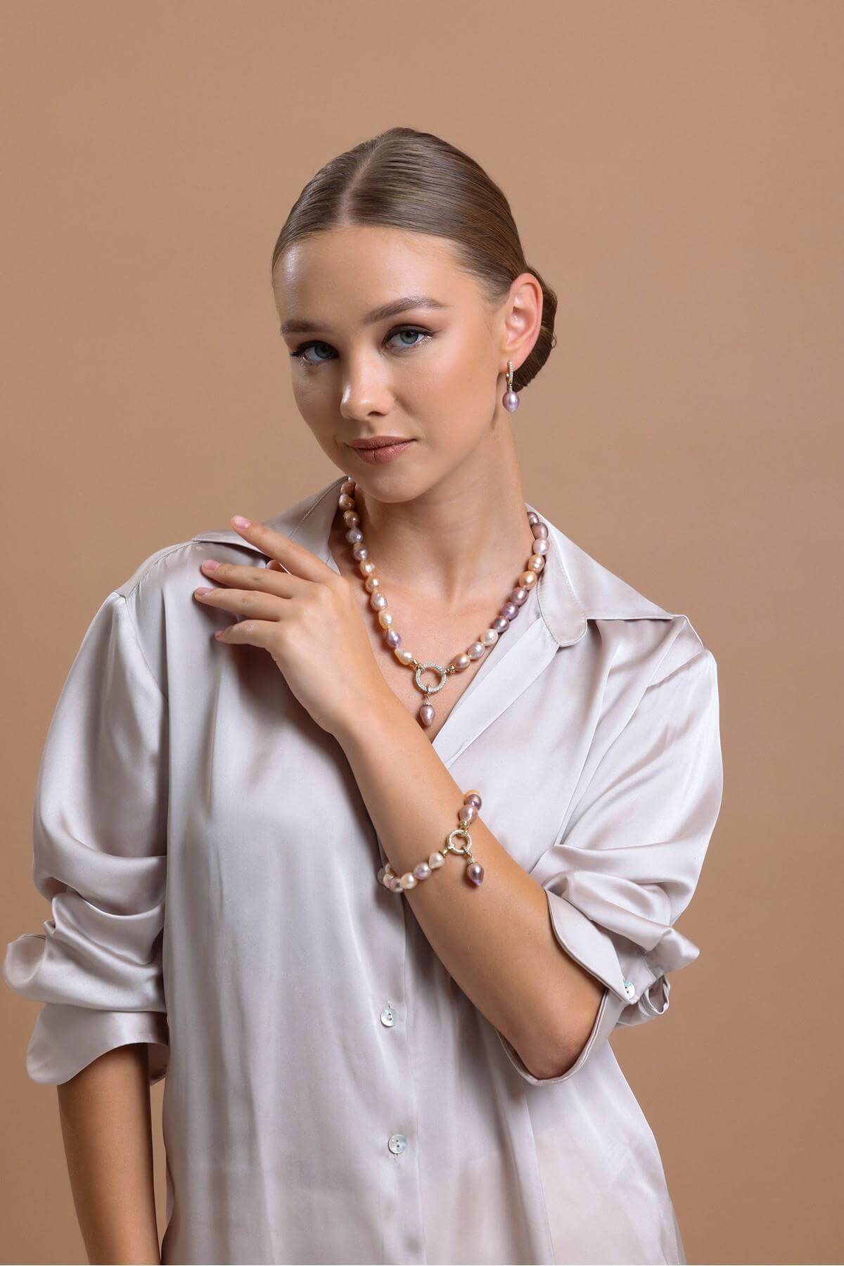 Halka Kilitli Multicolor Barok Doğal İnci Küpe Kolye Bileklik Üçlü Set | | Birinci1926