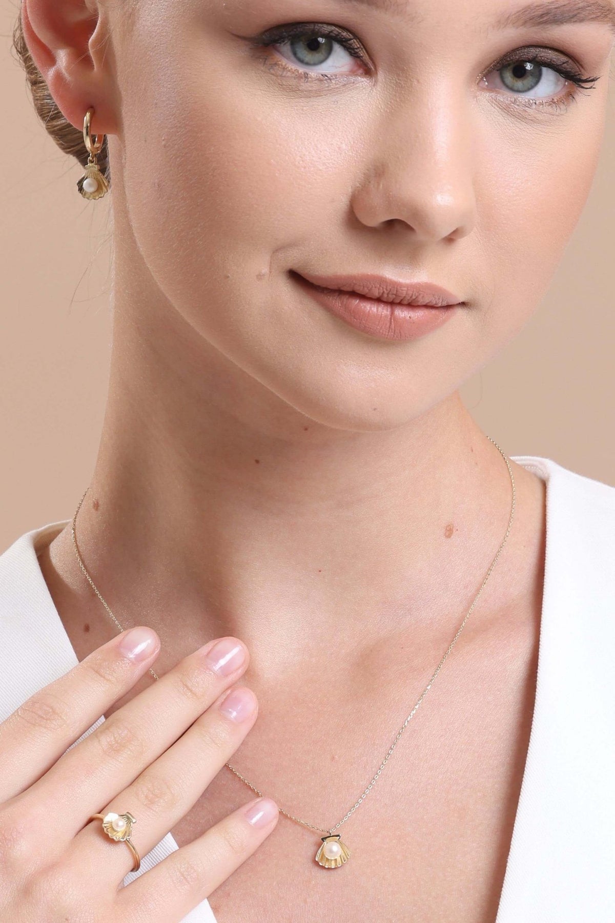 İstiridye Doğal İnci Küpe Kolye Yüzük Üçlü Set | | Birinci1926