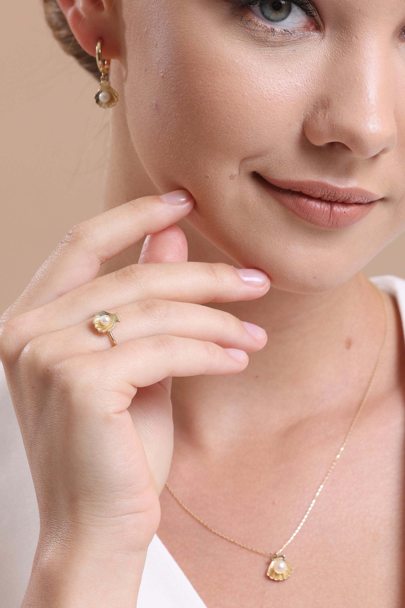 İstiridye Doğal İnci Küpe Kolye Yüzük Üçlü Set | | Birinci1926