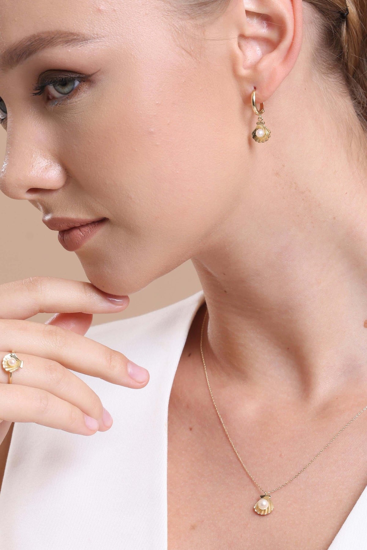 İstiridye Doğal İnci Küpe Kolye Yüzük Üçlü Set | | Birinci1926