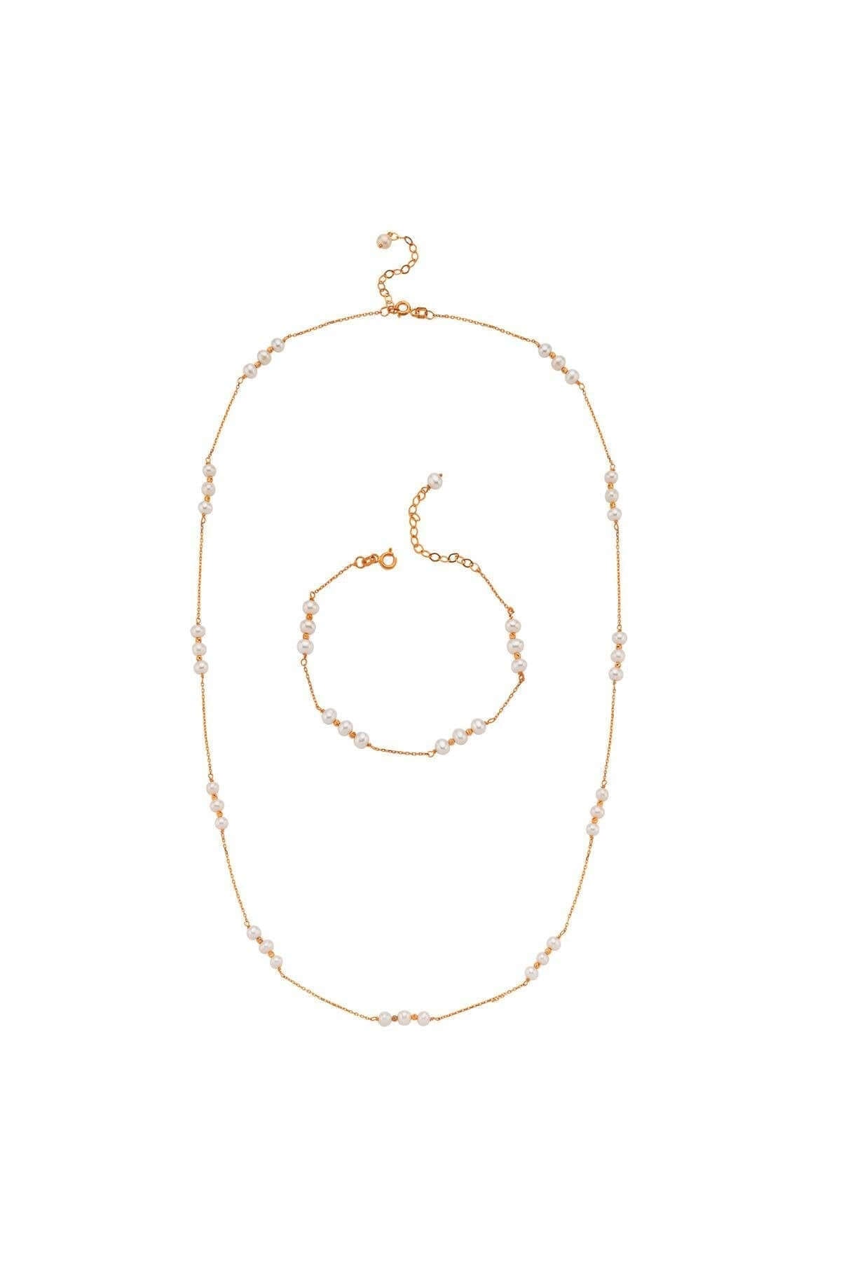 Üç Doğal İnci Dorika Toplu Zincir Kolye Bileklik İkili Set | | Birinci1926