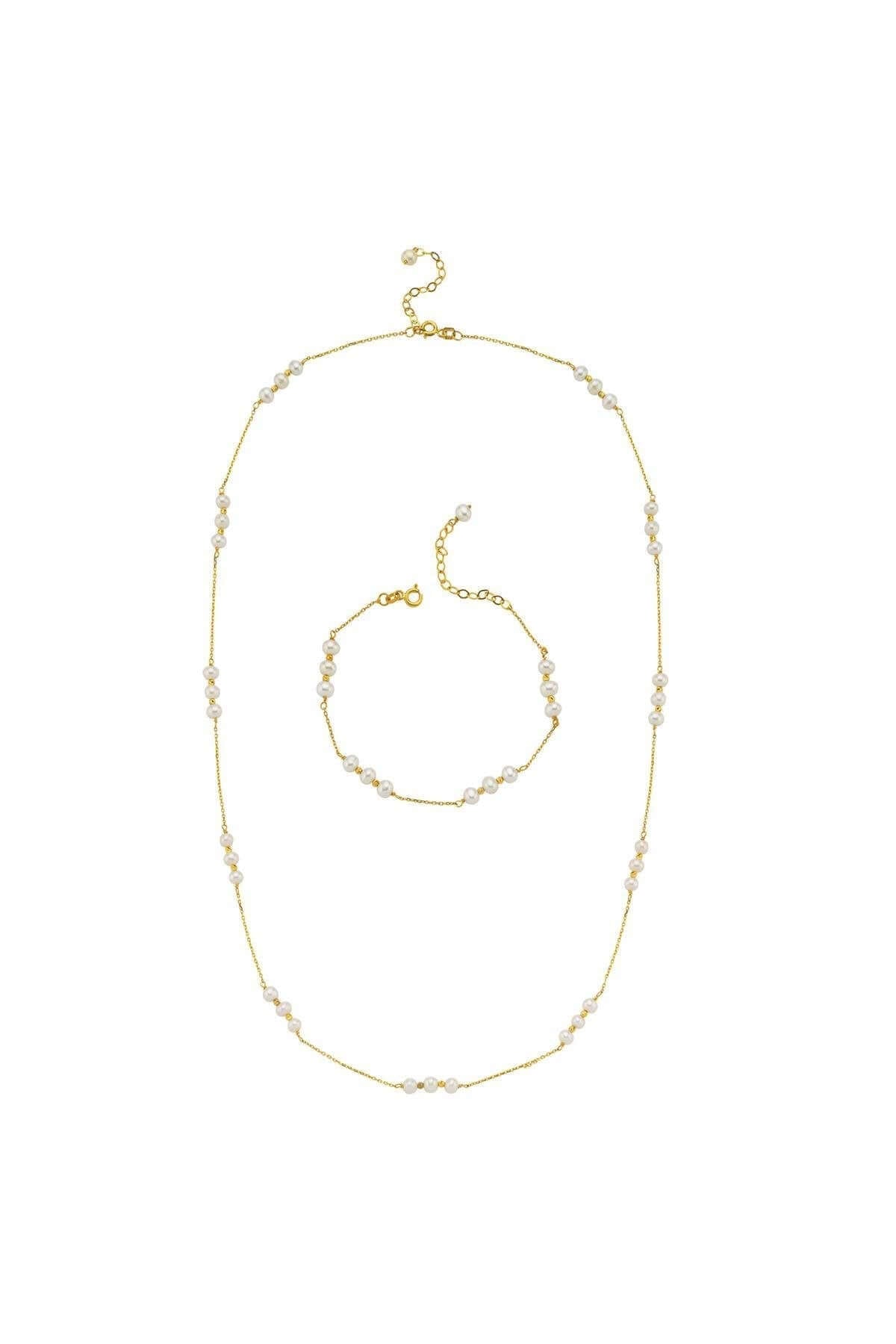 Üç Doğal İnci Dorika Toplu Zincir Kolye Bileklik İkili Set | | Birinci1926