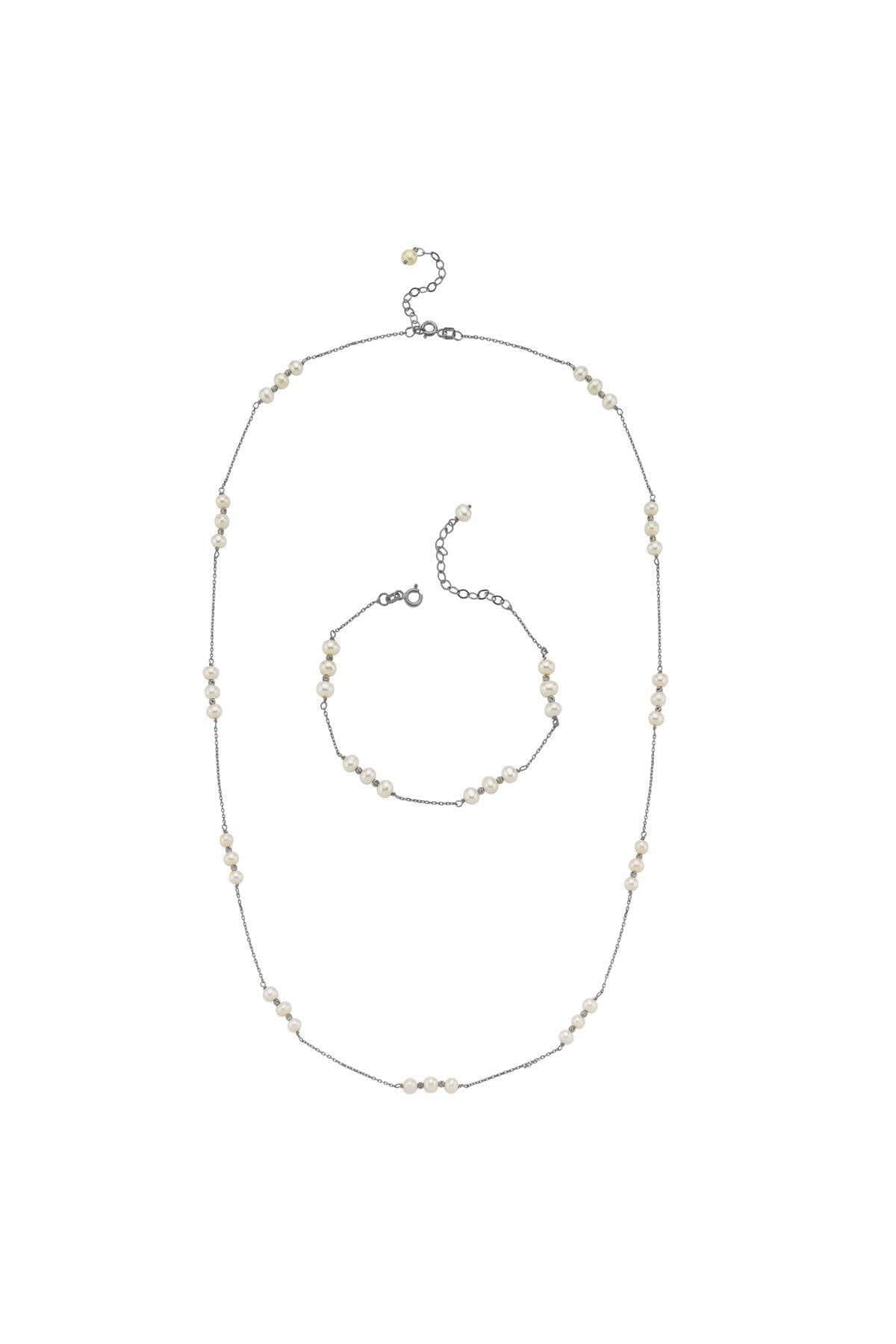 Üç Doğal İnci Dorika Toplu Zincir Kolye Bileklik İkili Set | | Birinci1926