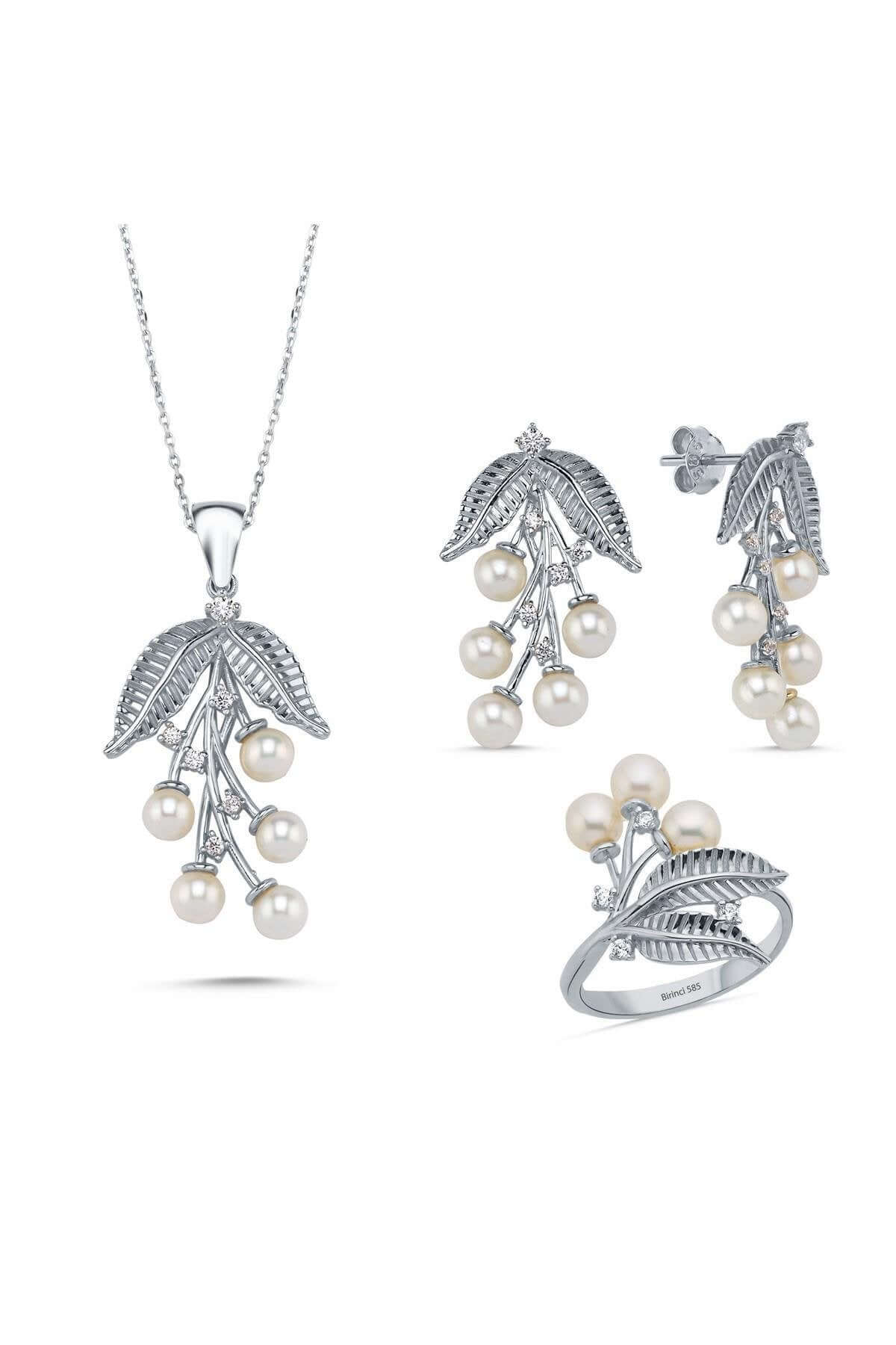 Zeytin Dalı Doğal İncili Kolye Yüzük İkili Set | | Birinci1926