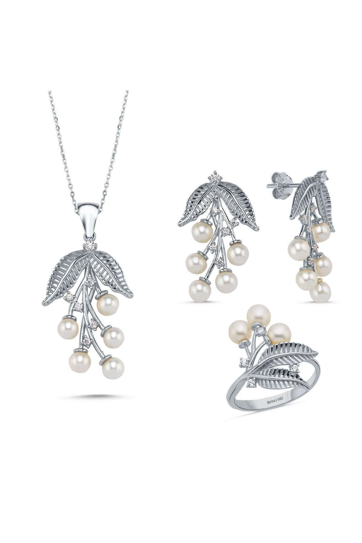 Zeytin Dalı Doğal İncili Kolye Yüzük İkili Set | | Birinci1926