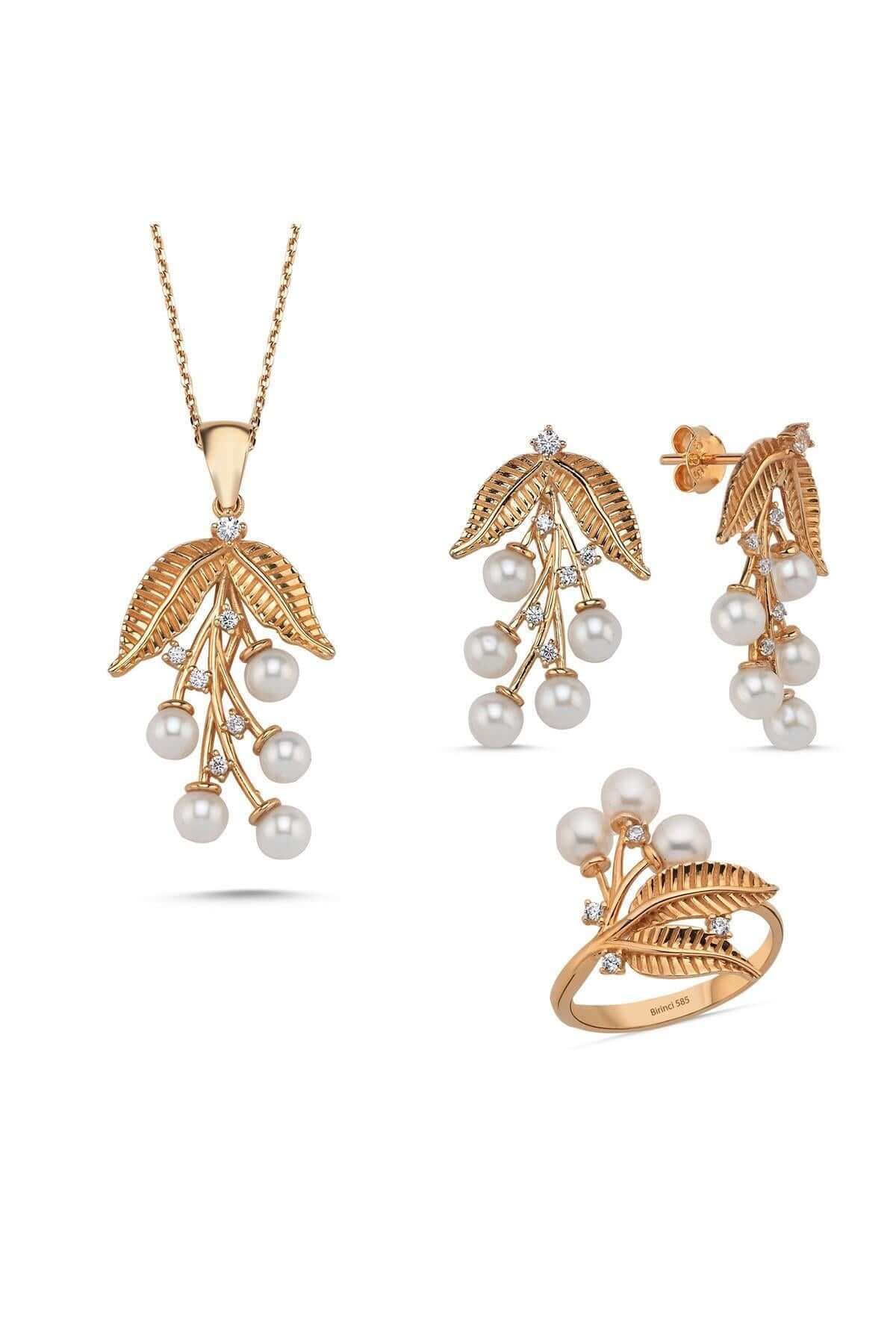 Zeytin Dalı Doğal İncili Kolye Yüzük İkili Set | | Birinci1926