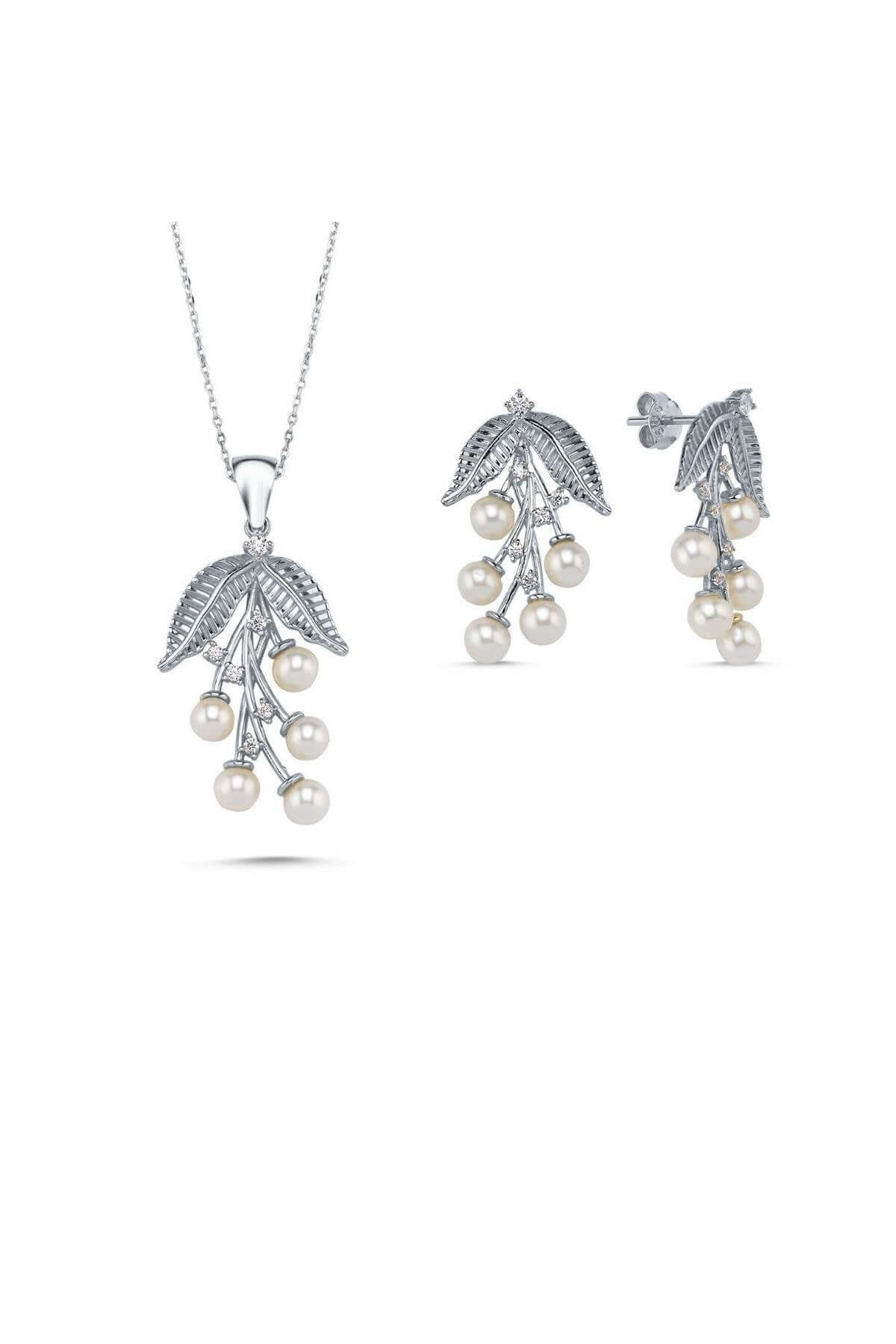 Zeytin Dalı Doğal İncili Küpe Kolye İkili Set | | Birinci1926