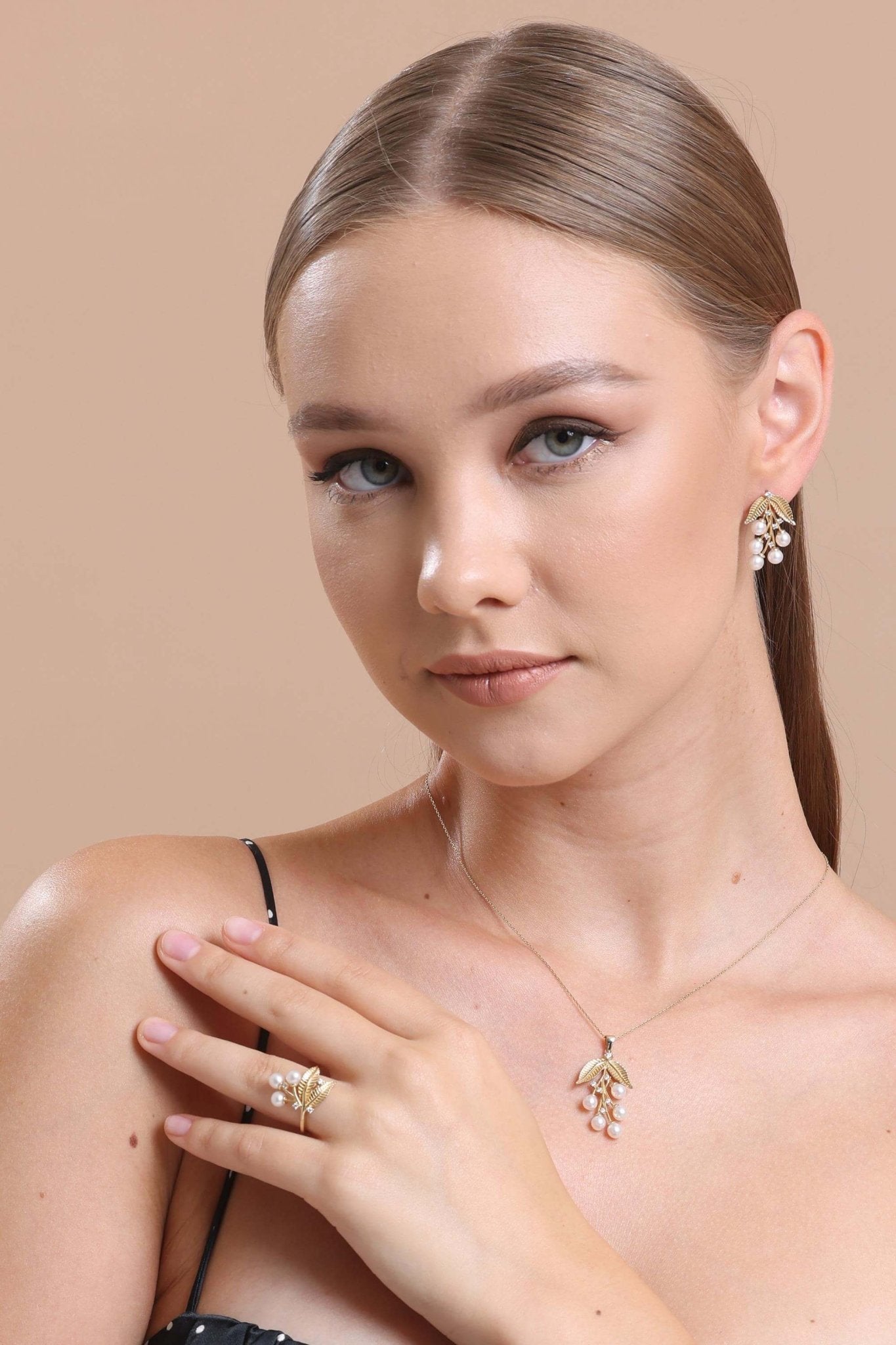 Zeytin Dalı Doğal İncili Kolye Yüzük İkili Set | | Birinci1926