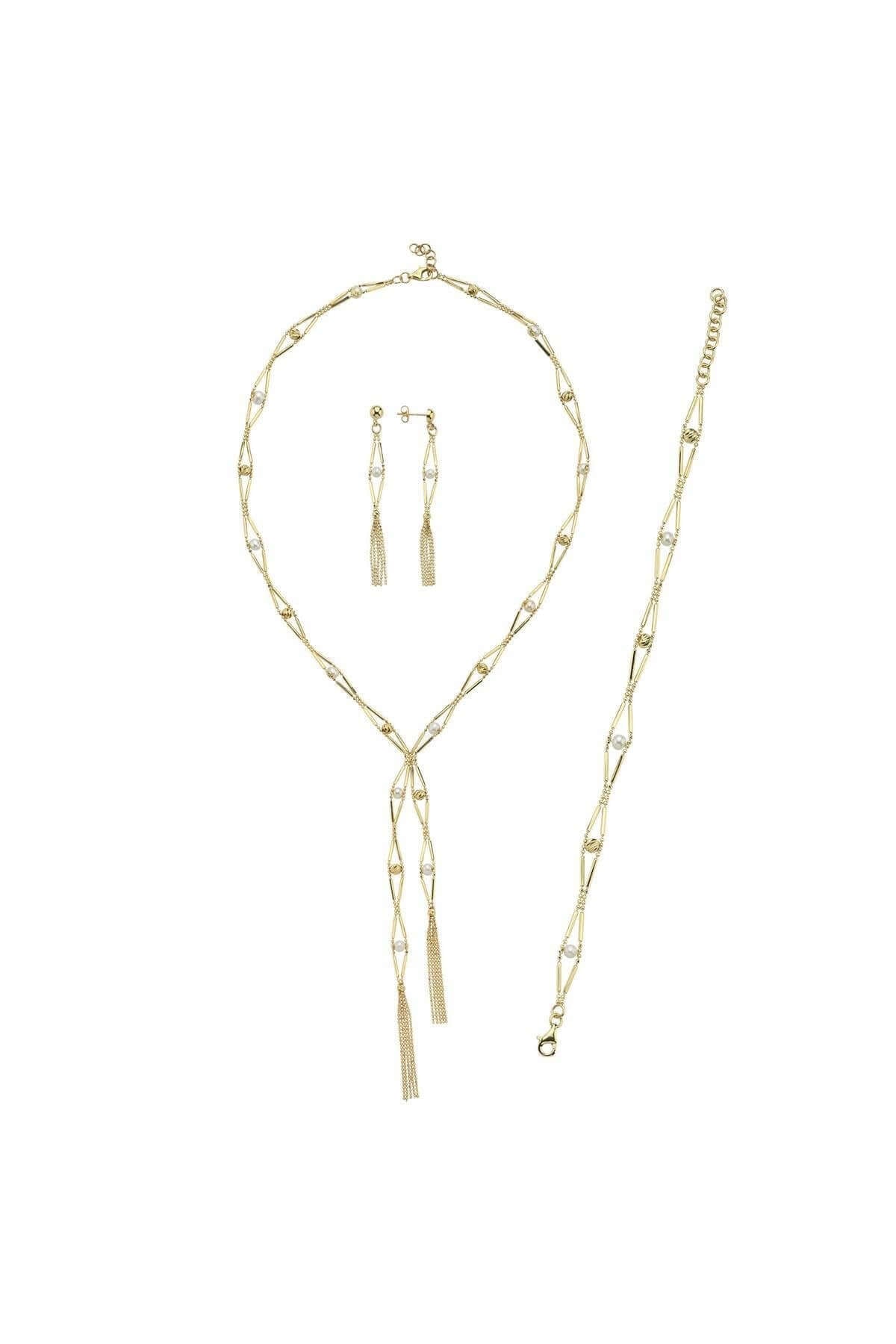 Baklava Dilimi Doğal İncili Küpe Kolye Bileklik Üçlü Set | | Birinci1926