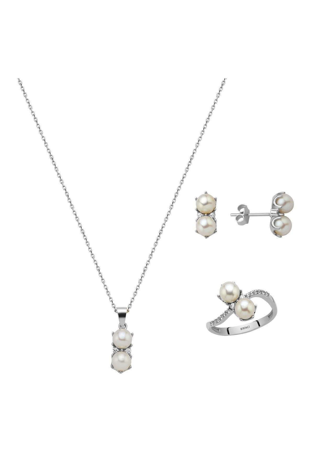 İkili İnci Küpe Kolye Yüzük Üçlü Set | | Birinci1926