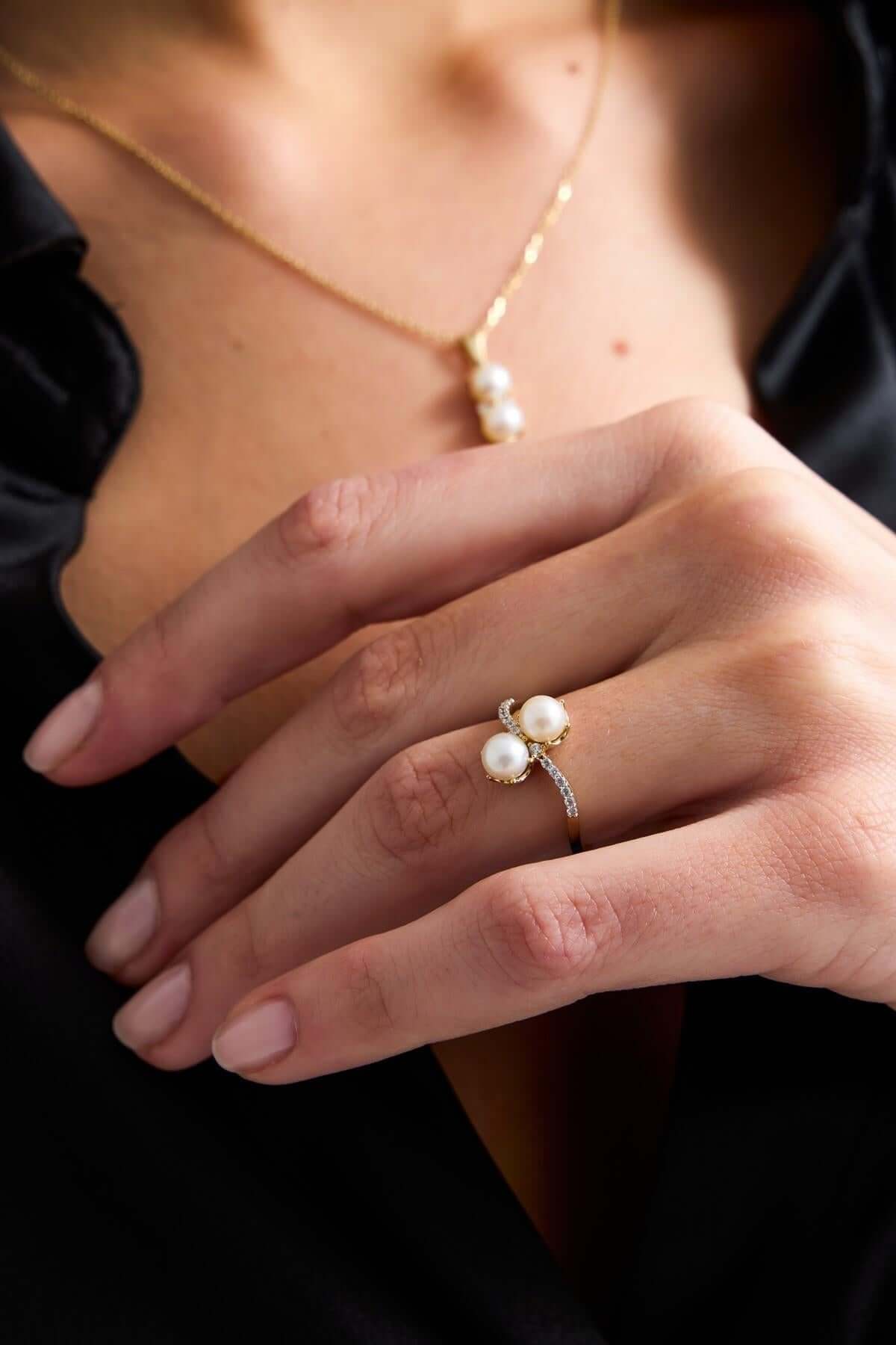 İkili İnci Küpe Kolye Yüzük Üçlü Set | | Birinci1926