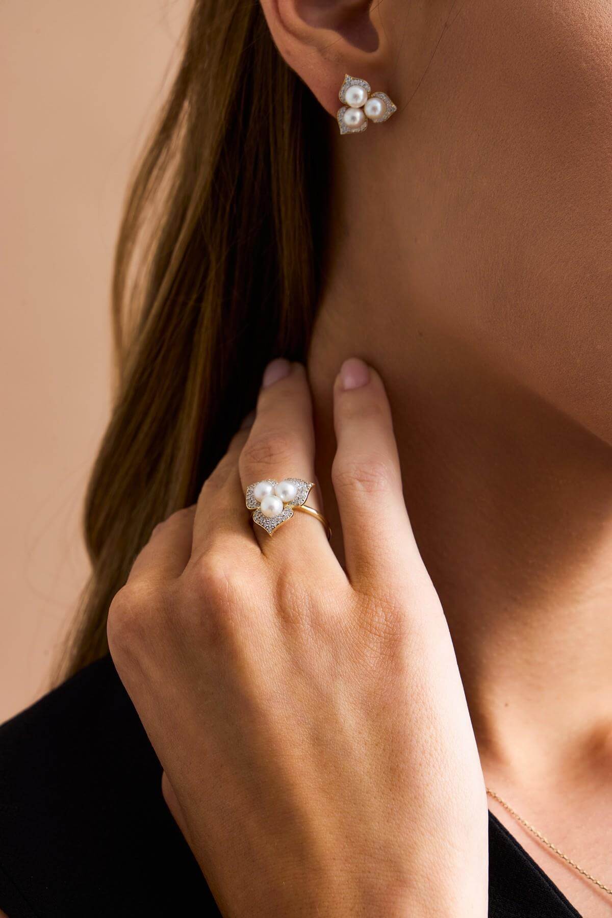 Zirkon Taşlı Doğal İncili Küpe Kolye Yüzük Üçlü Set | | Birinci1926