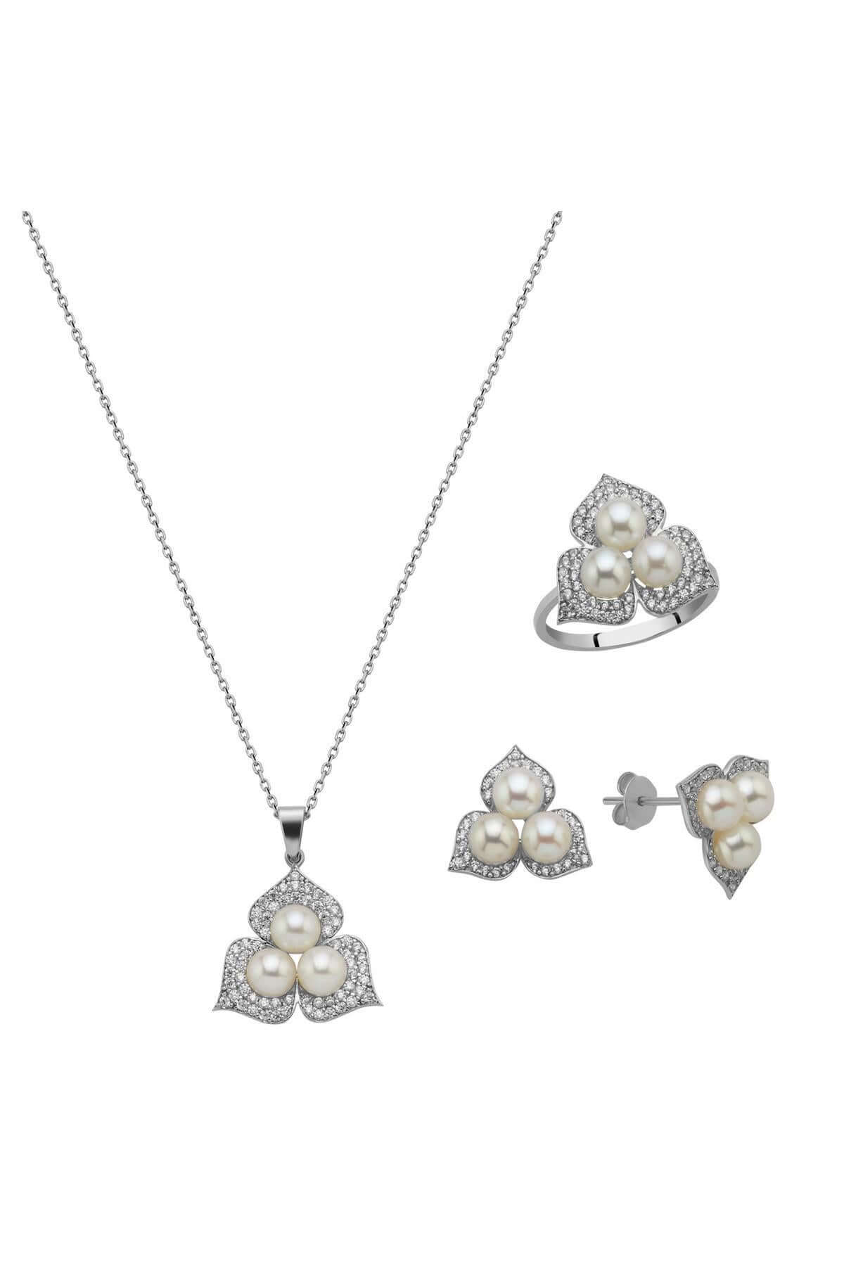 Zirkon Taşlı Doğal İncili Küpe Kolye Yüzük Üçlü Set | | Birinci1926