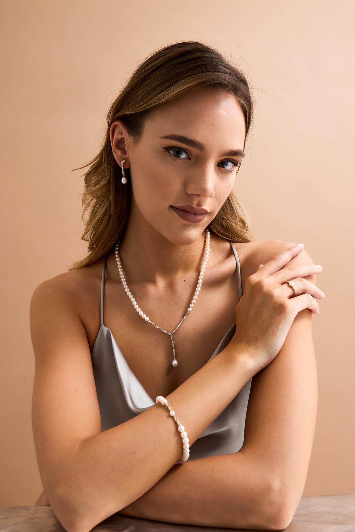 Baget Zirkon Taşlı Doğal İnci Küpe Kolye Bileklik Yüzük Dörtlü Set | | Birinci1926