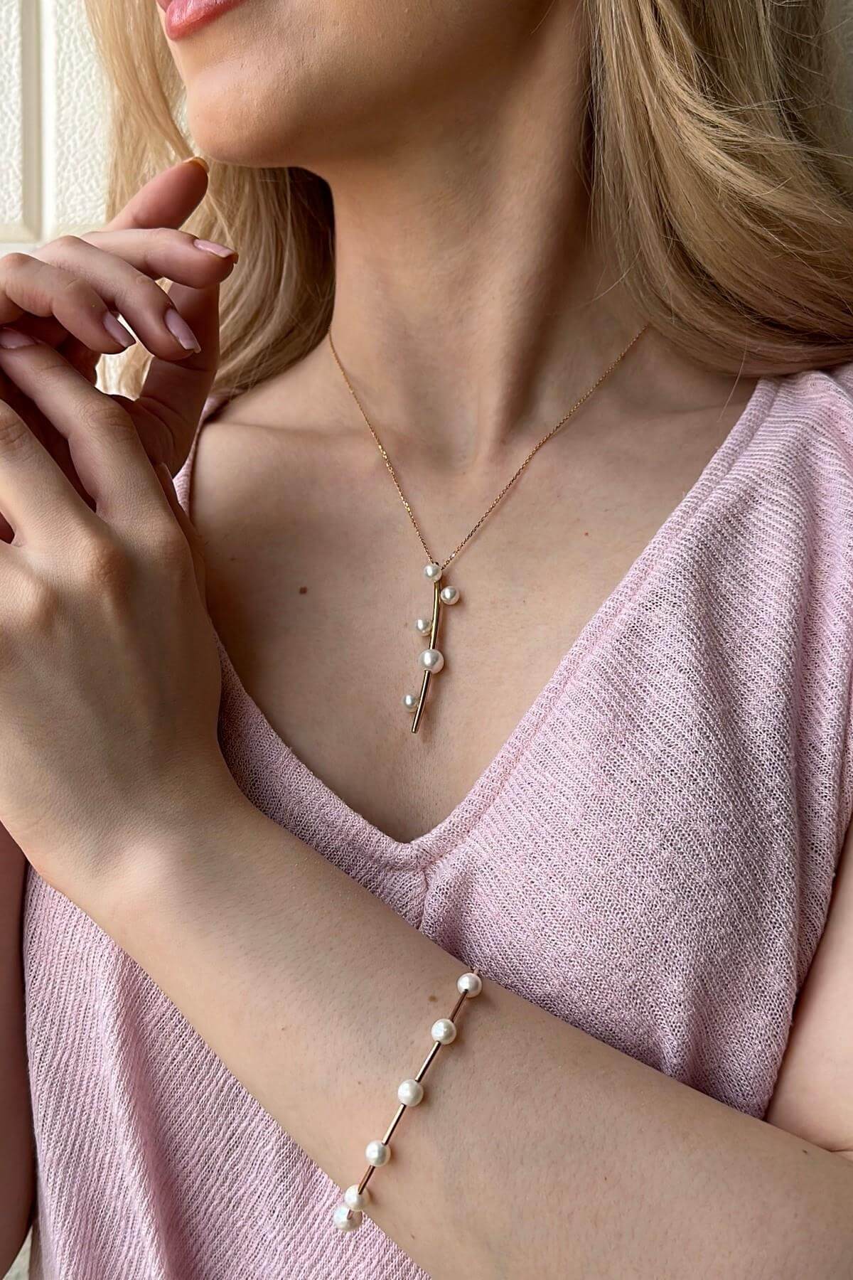 Çubuk Üzeri Beş Doğal İnci Kolye Bileklik İkili Set | | Birinci1926