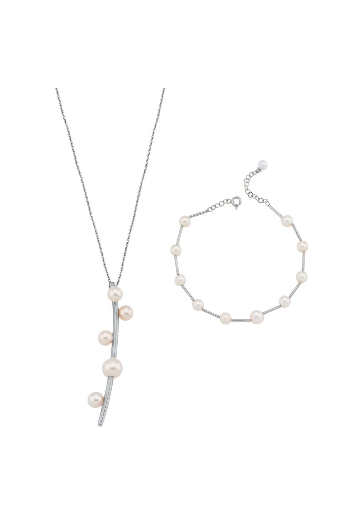 Çubuk Üzeri Beş Doğal İnci Kolye Bileklik İkili Set | | Birinci1926