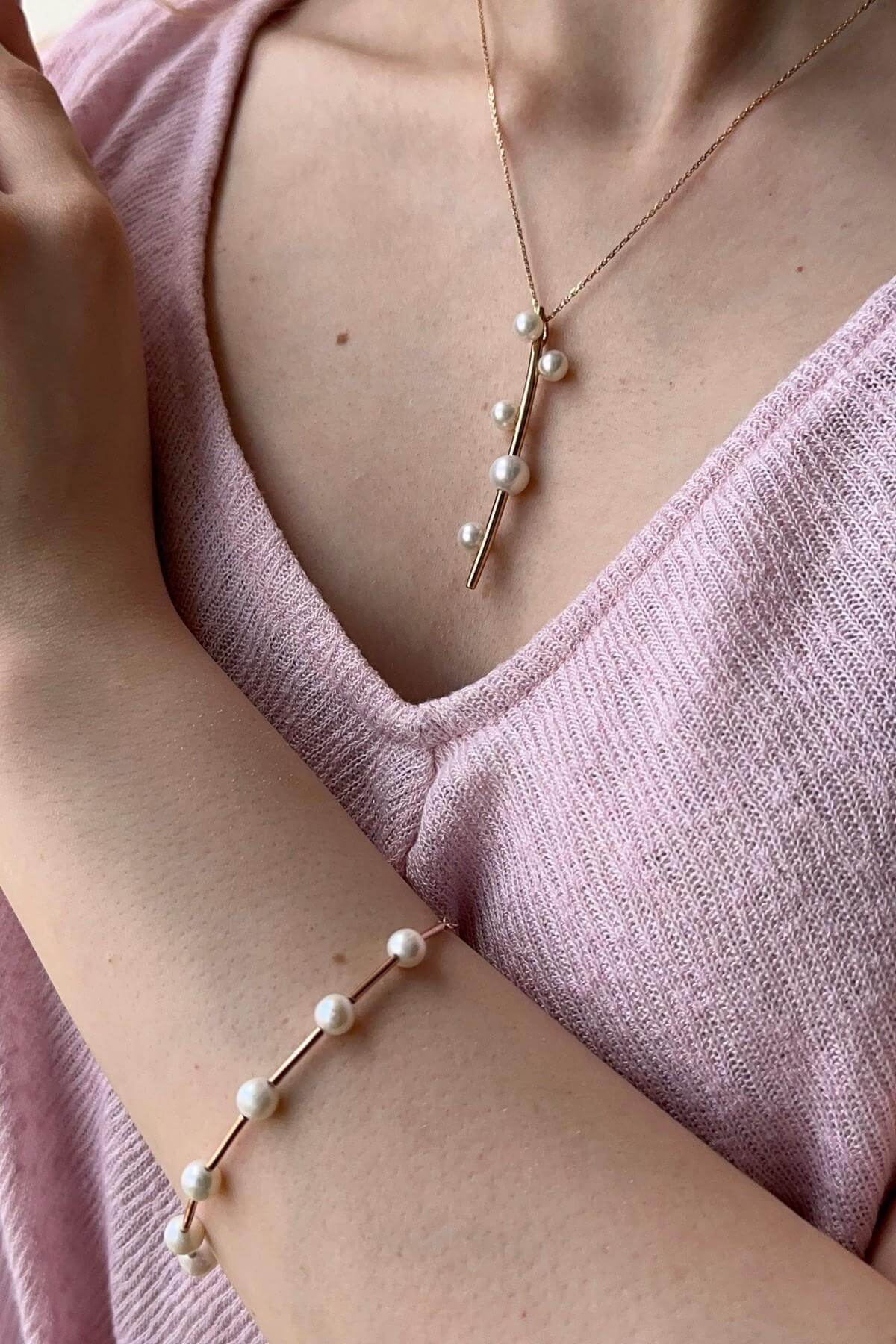 Çubuk Üzeri Beş Doğal İnci Kolye Bileklik İkili Set | | Birinci1926