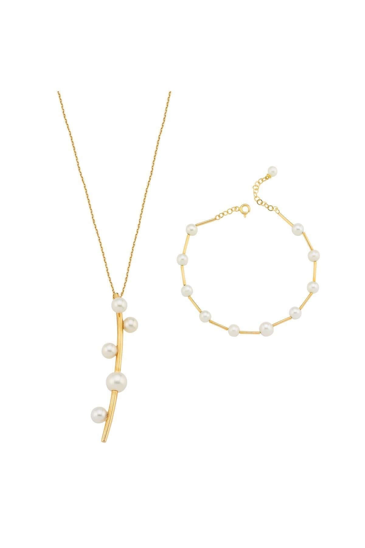 Çubuk Üzeri Beş Doğal İnci Kolye Bileklik İkili Set | | Birinci1926