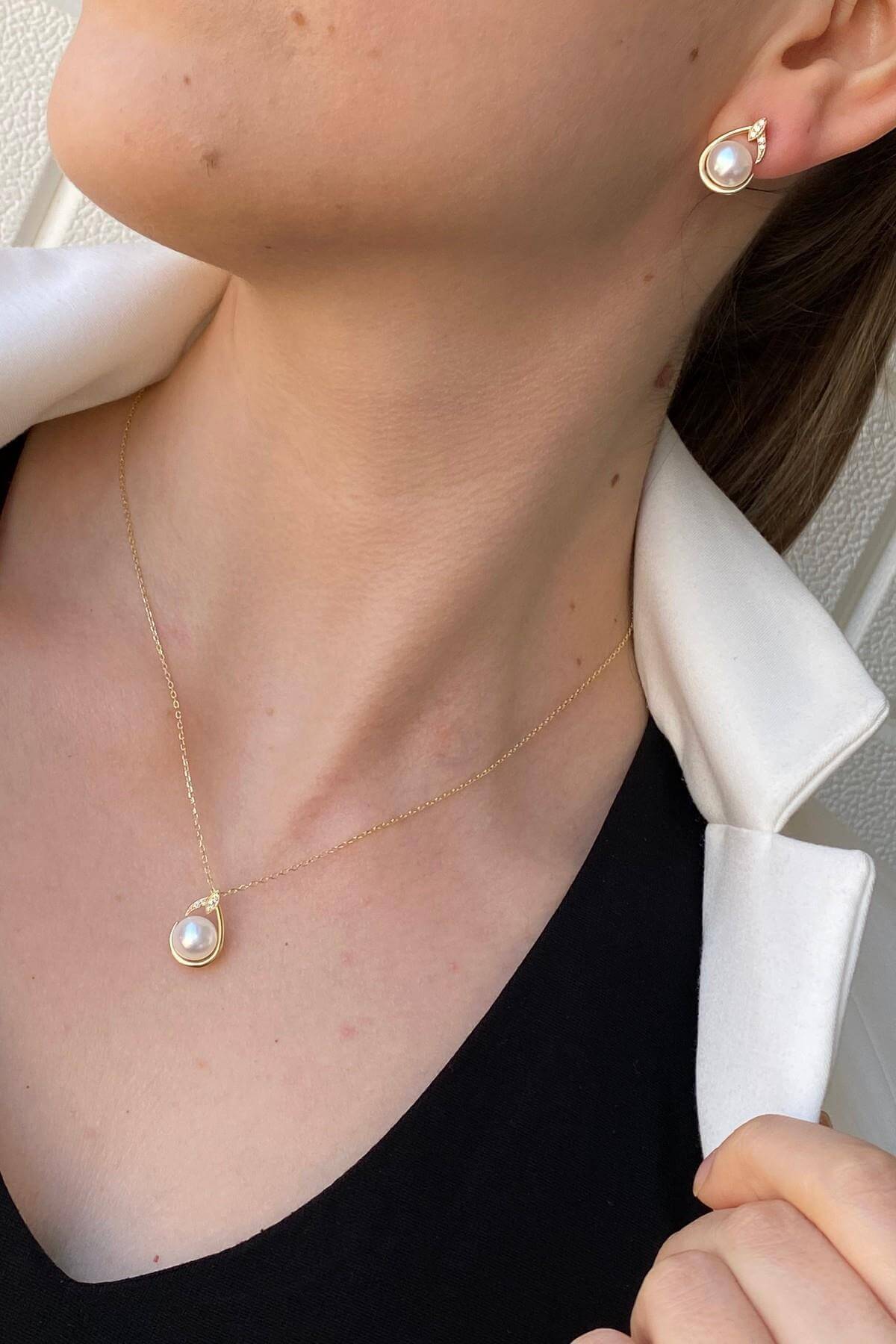 Damla Doğal İnci Küpe Kolye İkili Set | | Birinci1926