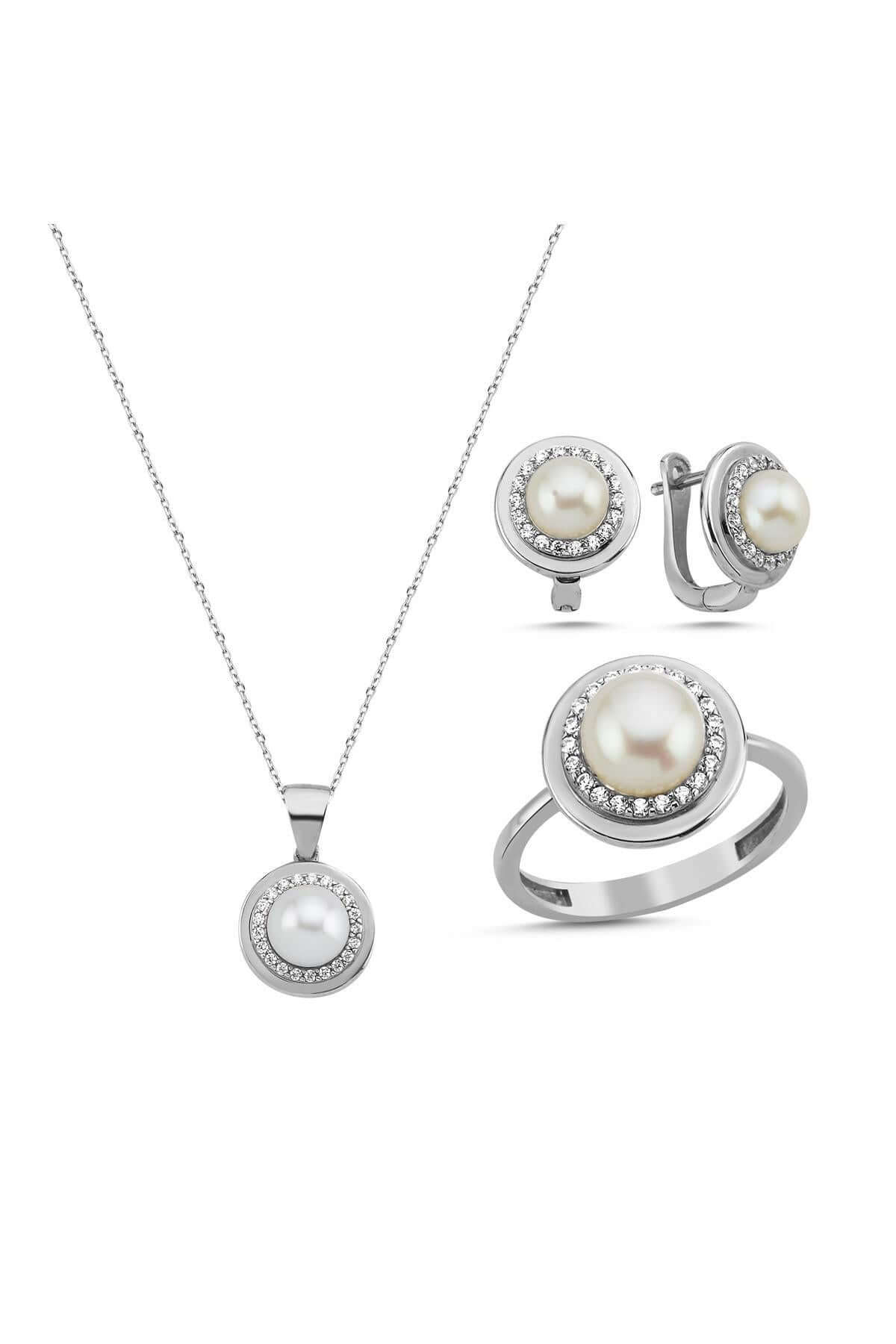 Doğal İnci Küpe Kolye Yüzük Üçlü Set | | Birinci1926