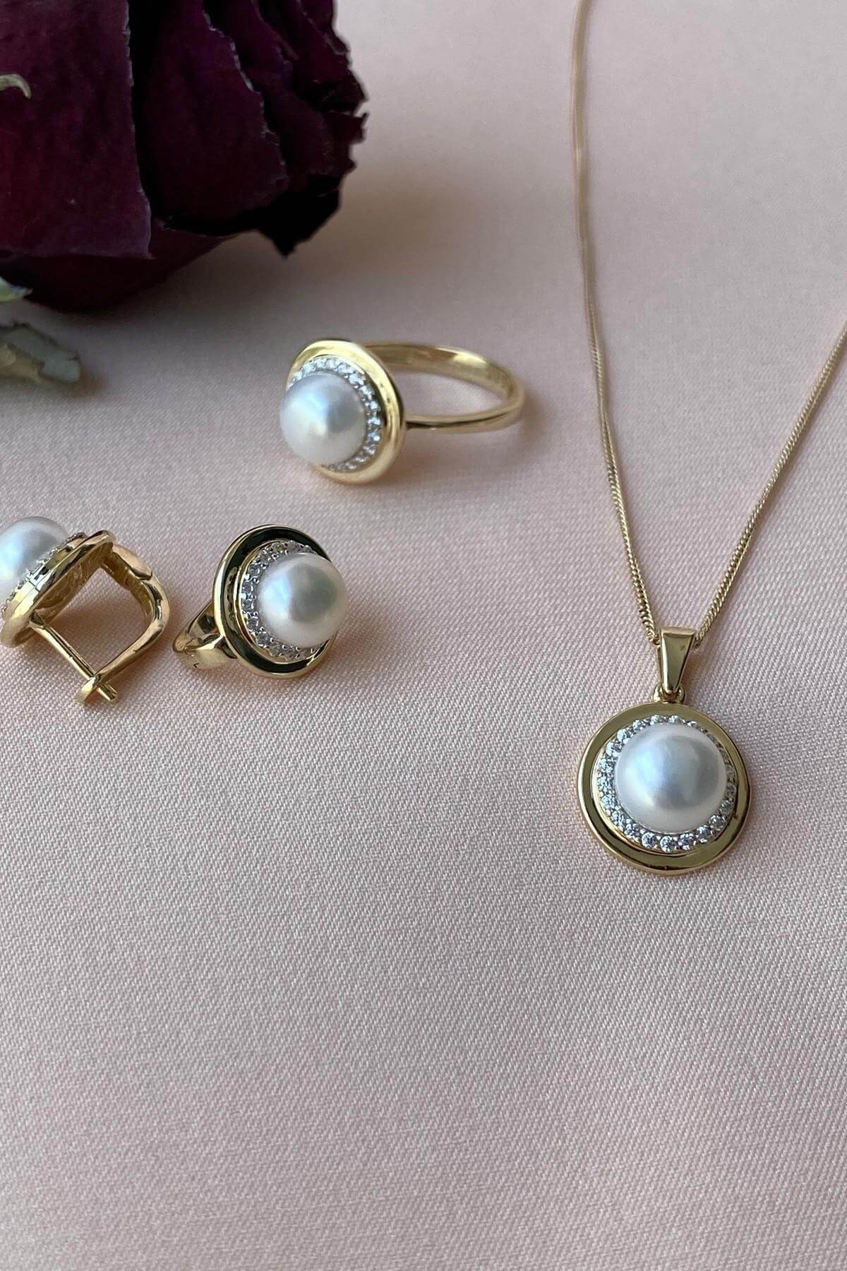 Doğal İnci Küpe Kolye Yüzük Üçlü Set | | Birinci1926