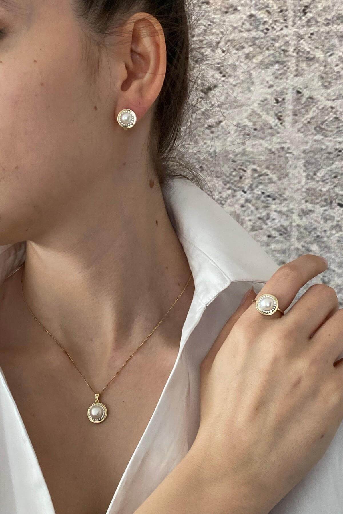 Doğal İnci Küpe Kolye Yüzük Üçlü Set | | Birinci1926