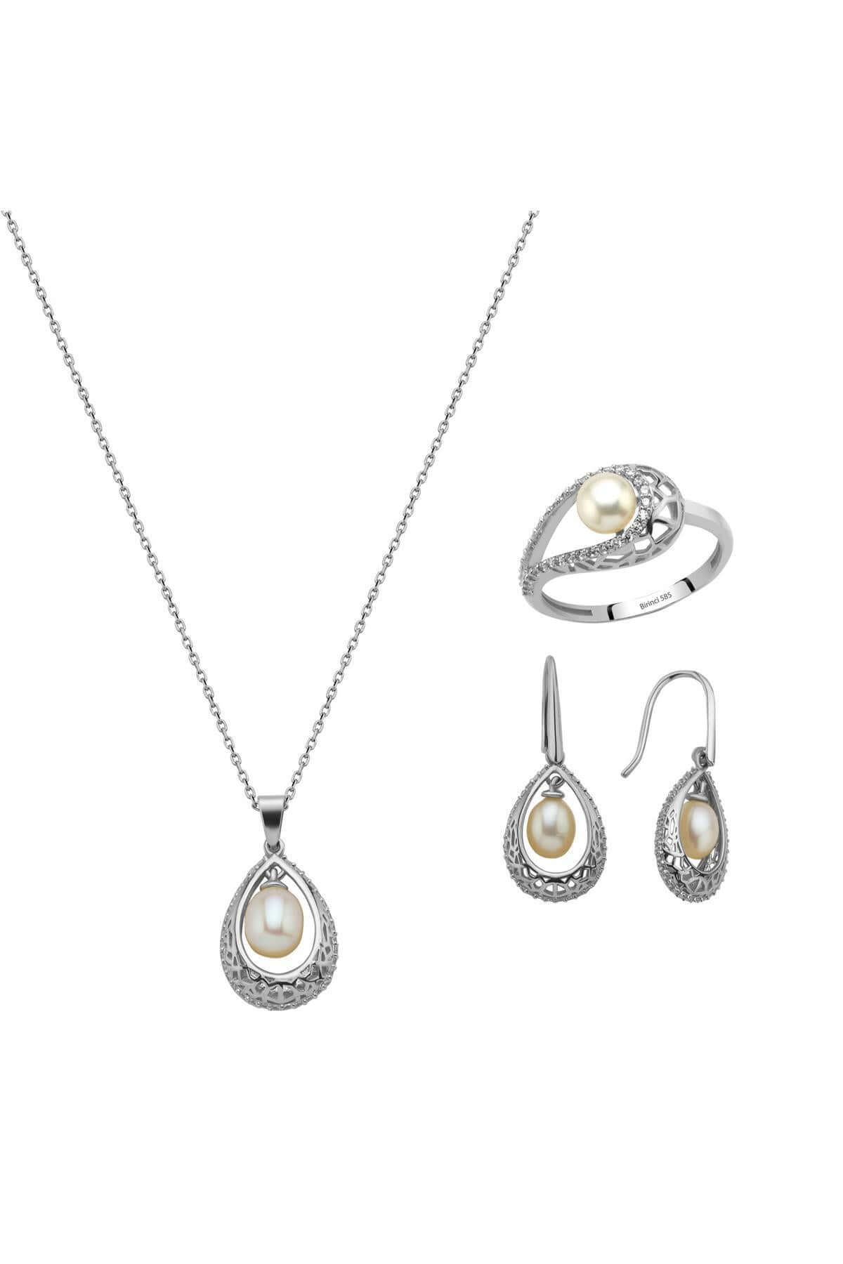 Doğal İncili Küpe Kolye Yüzük Üçlü Set | | Birinci1926