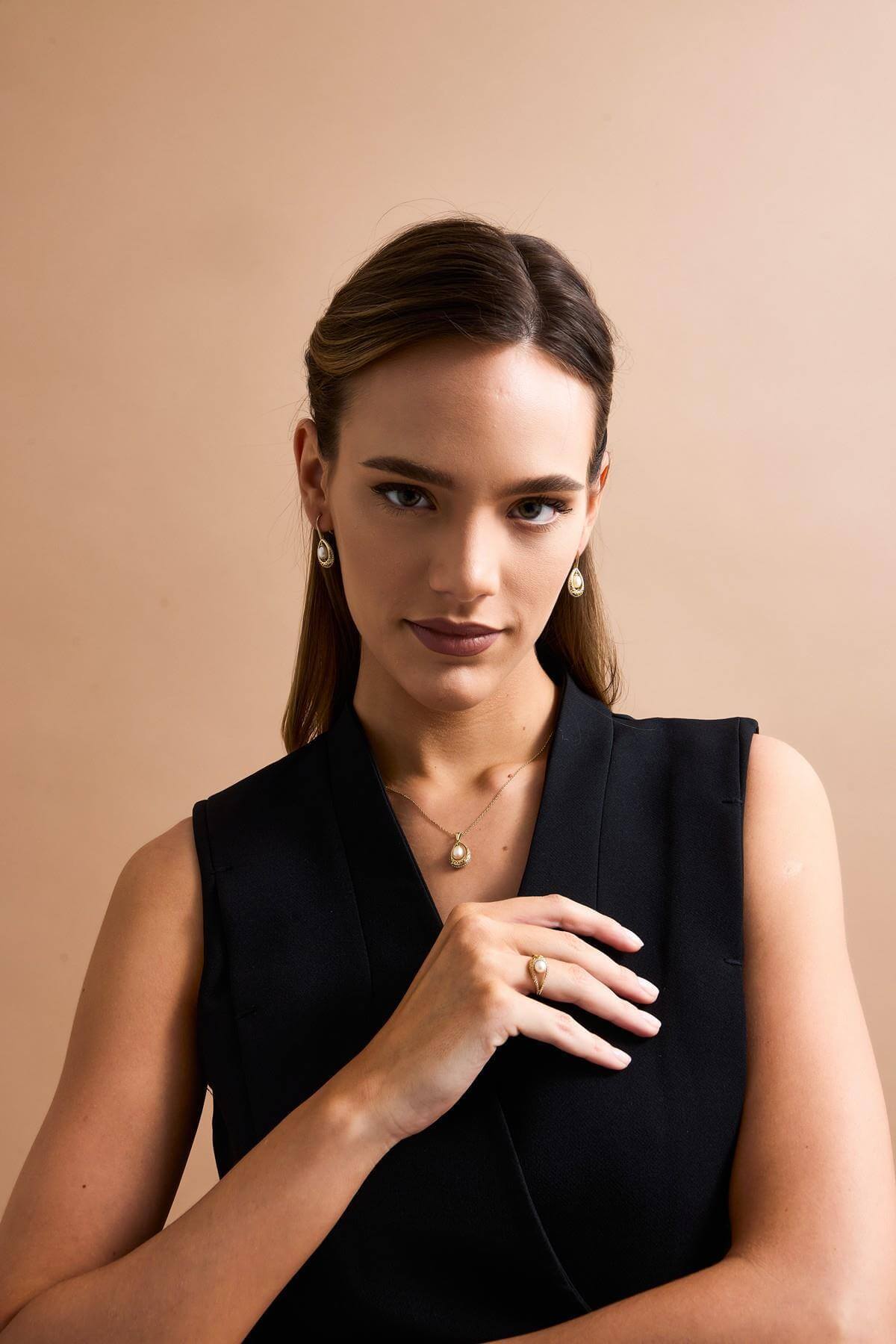 Doğal İncili Küpe Kolye Yüzük Üçlü Set | | Birinci1926