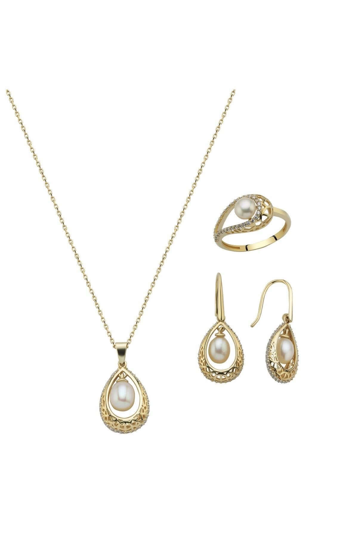 Doğal İncili Küpe Kolye Yüzük Üçlü Set | | Birinci1926