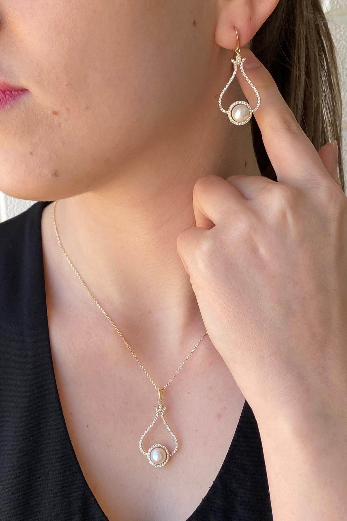 Lale Taşlı Doğal İnci Küpe Kolye İkili Set | | Birinci1926