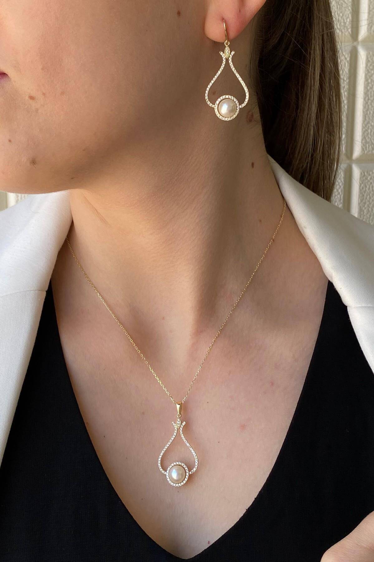 Lale Taşlı Doğal İnci Küpe Kolye İkili Set | | Birinci1926