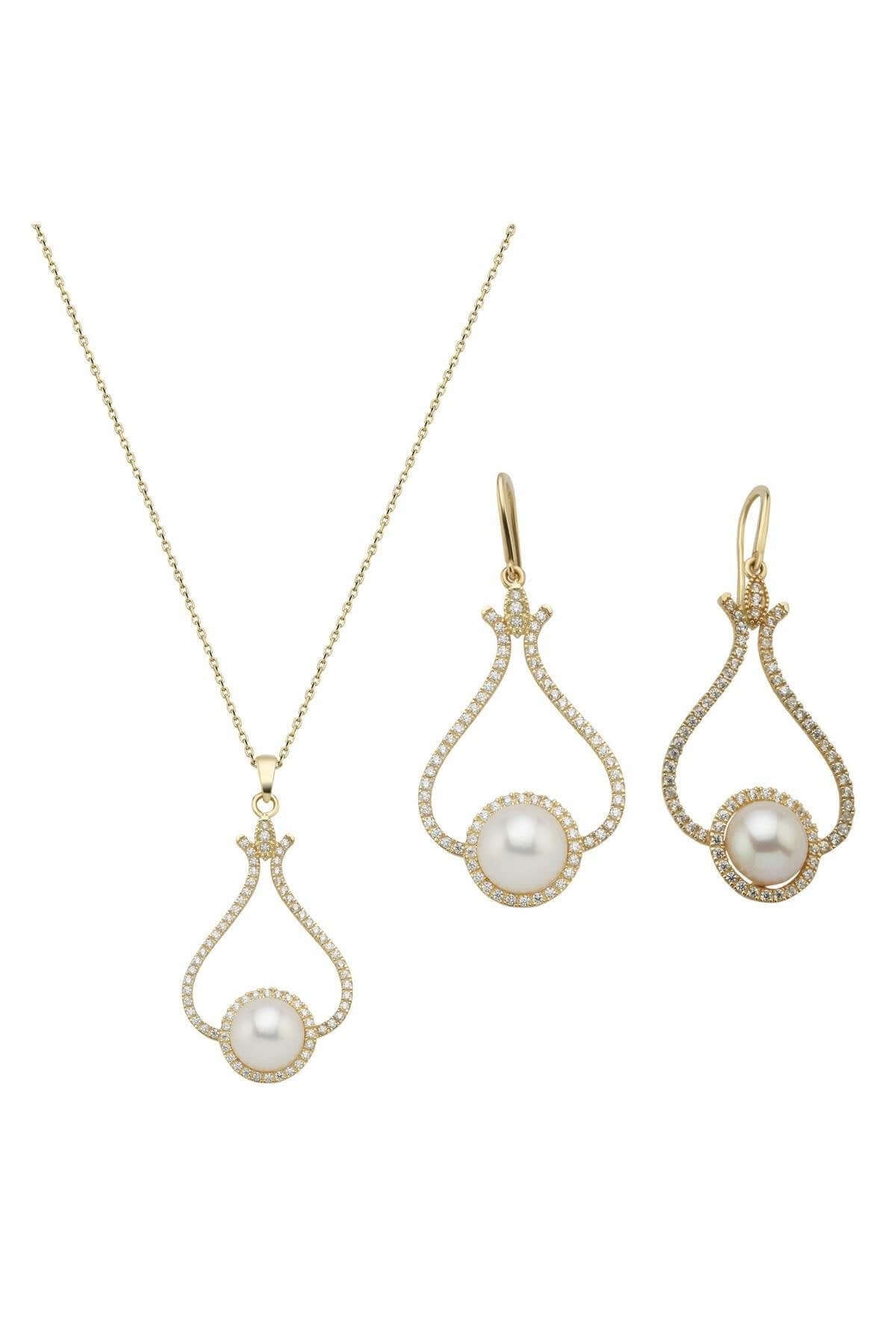 Lale Taşlı Doğal İnci Küpe Kolye İkili Set | | Birinci1926