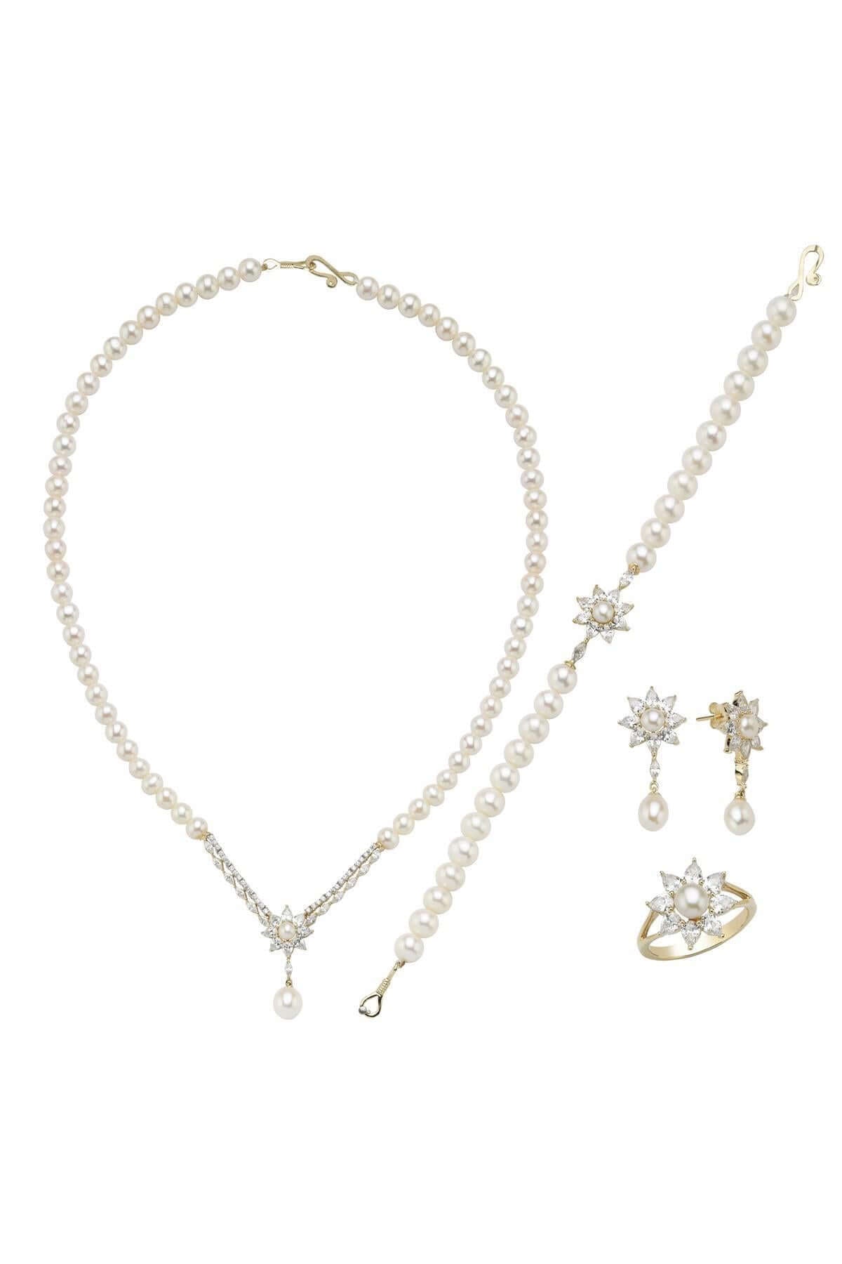 Papatya Modelli Doğal İnci Küpe Kolye Bileklik Yüzük Dörtlü Set | | Birinci1926