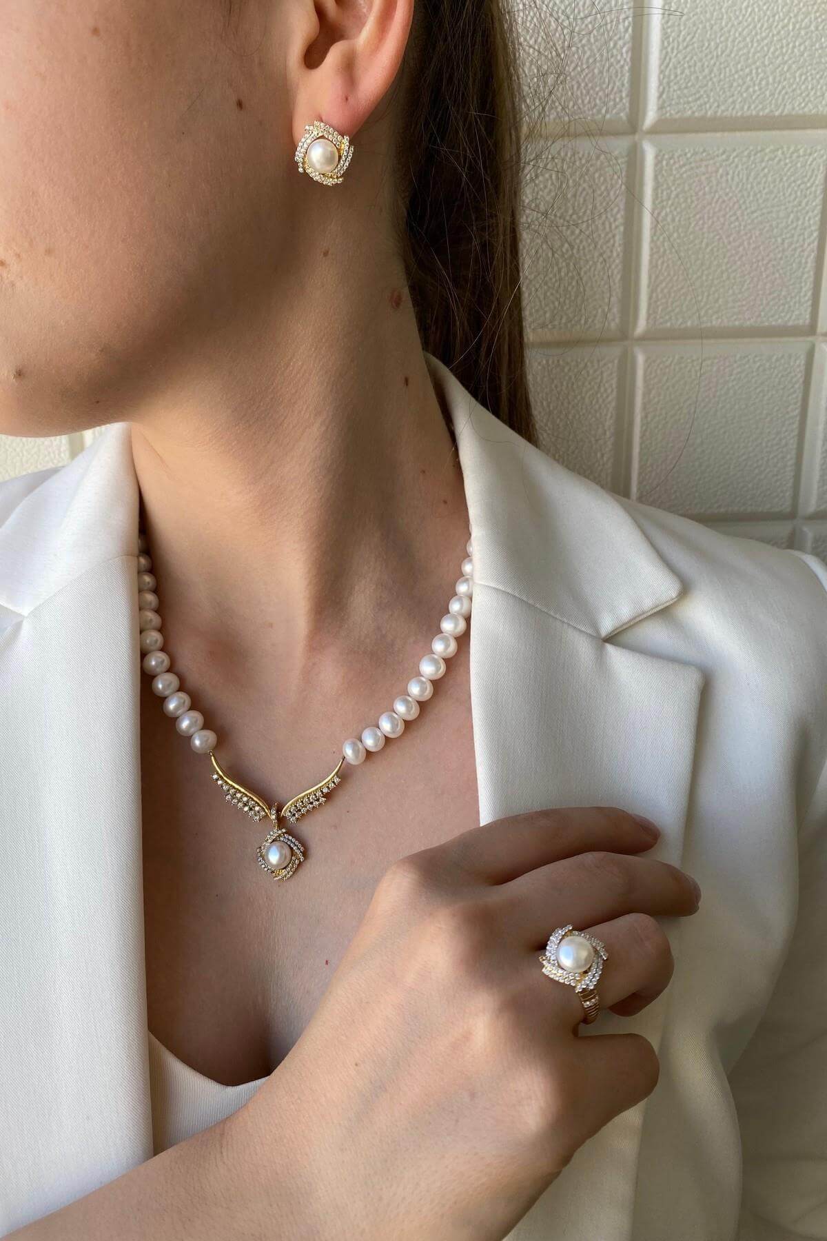 Rüzgar Gülü Doğal İnci Küpe Kolye Yüzük Üçlü Set | | Birinci1926