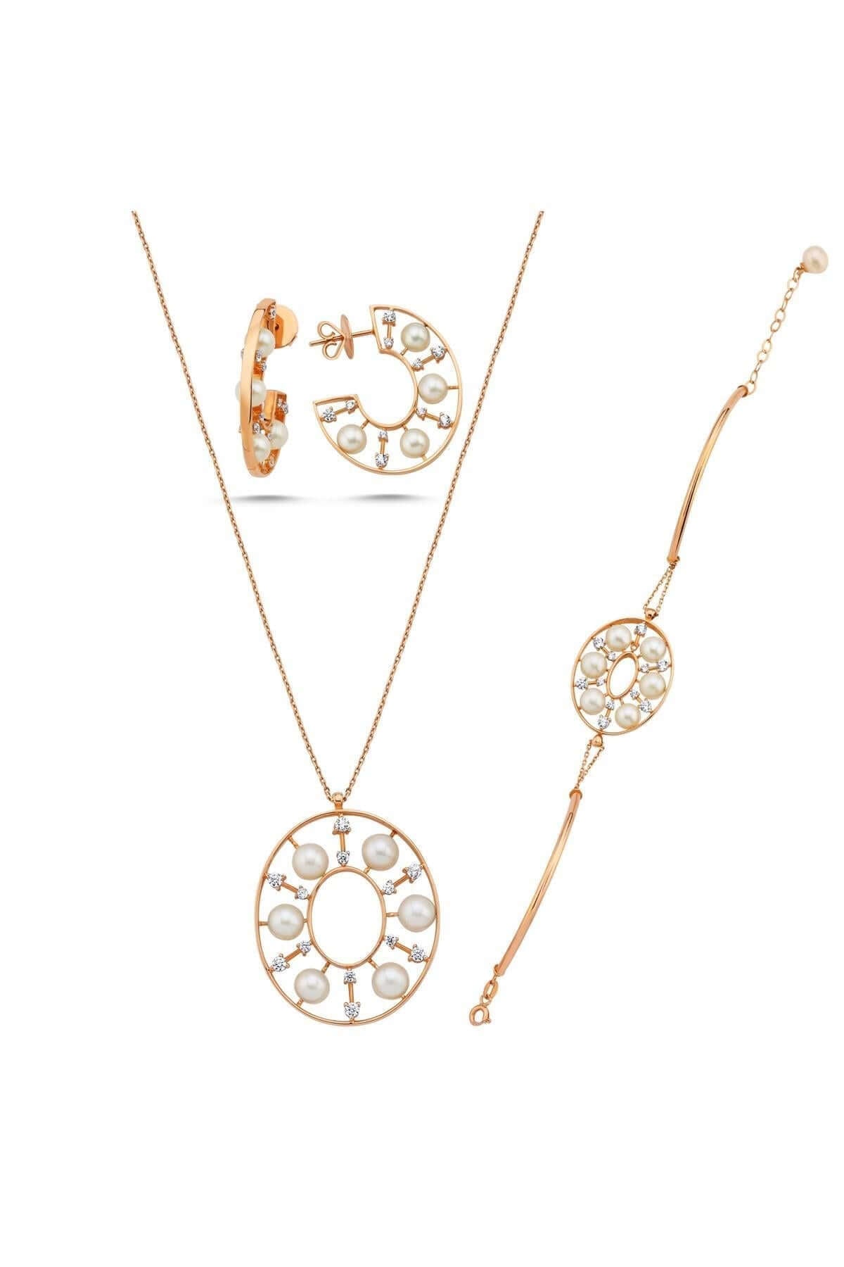 Tasarımlı Doğal İnci Küpe Kolye Bileklik Üçlü Set | | Birinci1926