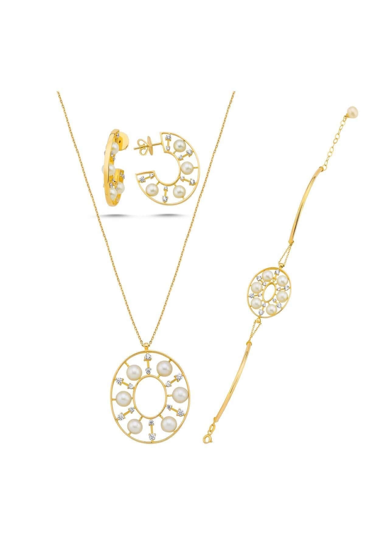 Tasarımlı Doğal İnci Küpe Kolye Bileklik Üçlü Set | | Birinci1926