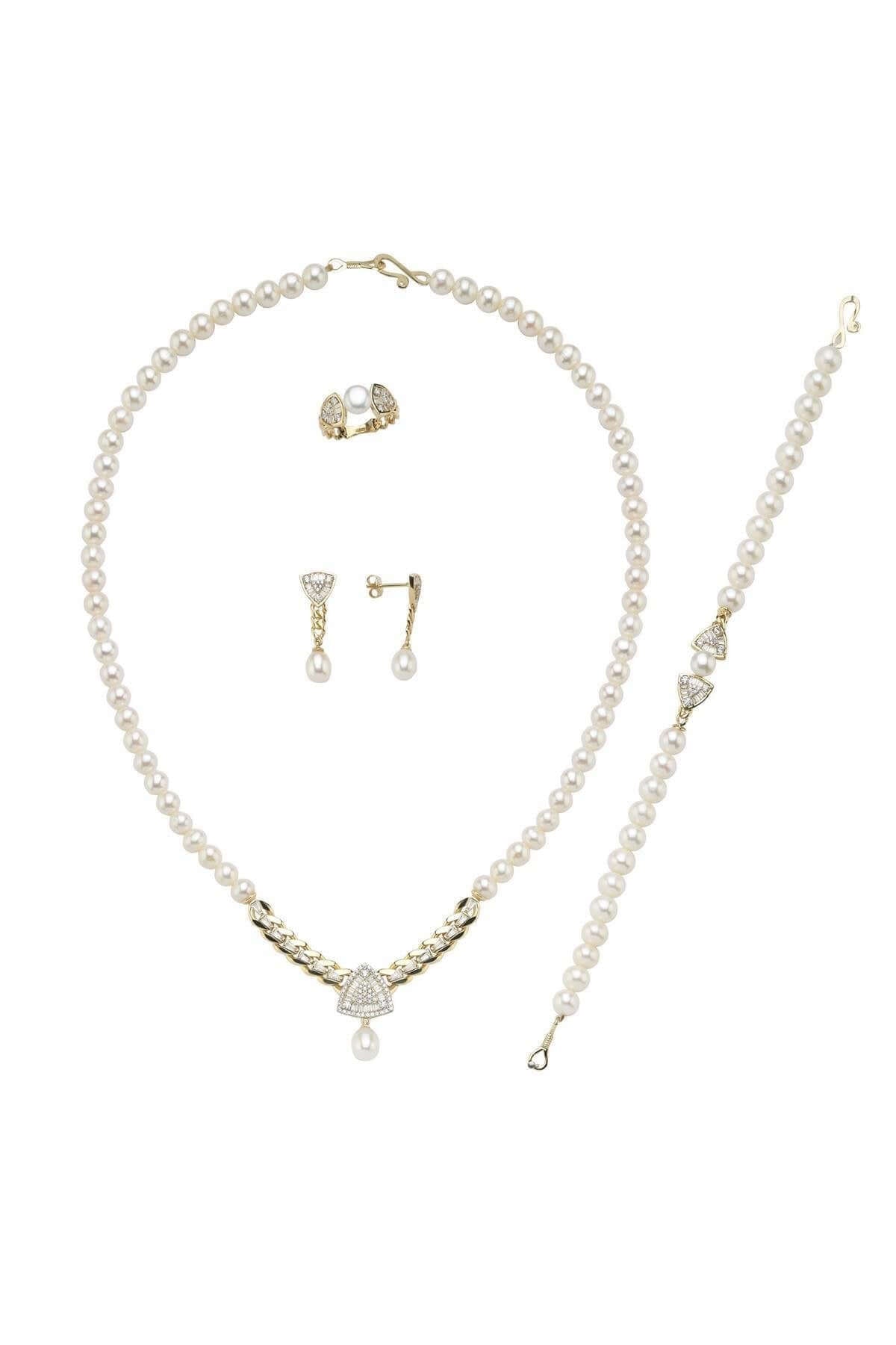 Üçgen Model Baget Taşlı Doğal İnci Küpe Kolye Bileklik Yüzük Dörtlü Set | | Birinci1926