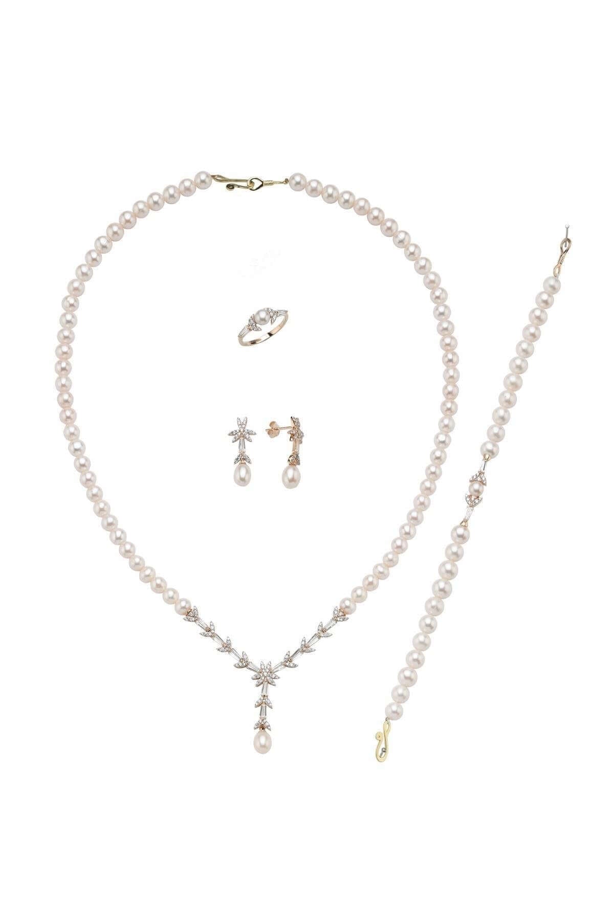 Yaprak Modelli Doğal İnci Küpe Kolye Bileklik Yüzük Dörtlü Set | | Birinci1926