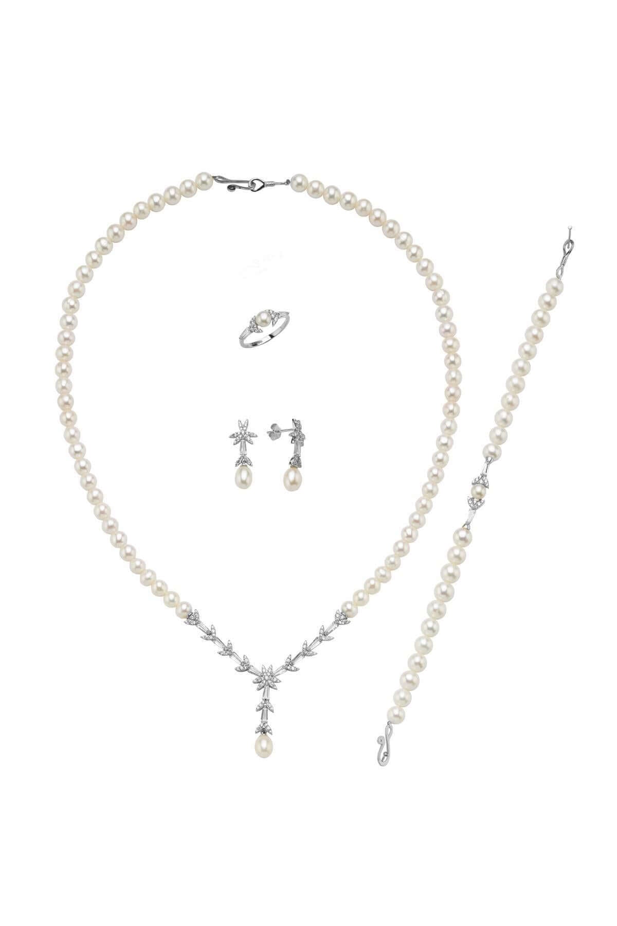 Yaprak Modelli Doğal İnci Küpe Kolye Bileklik Yüzük Dörtlü Set | | Birinci1926