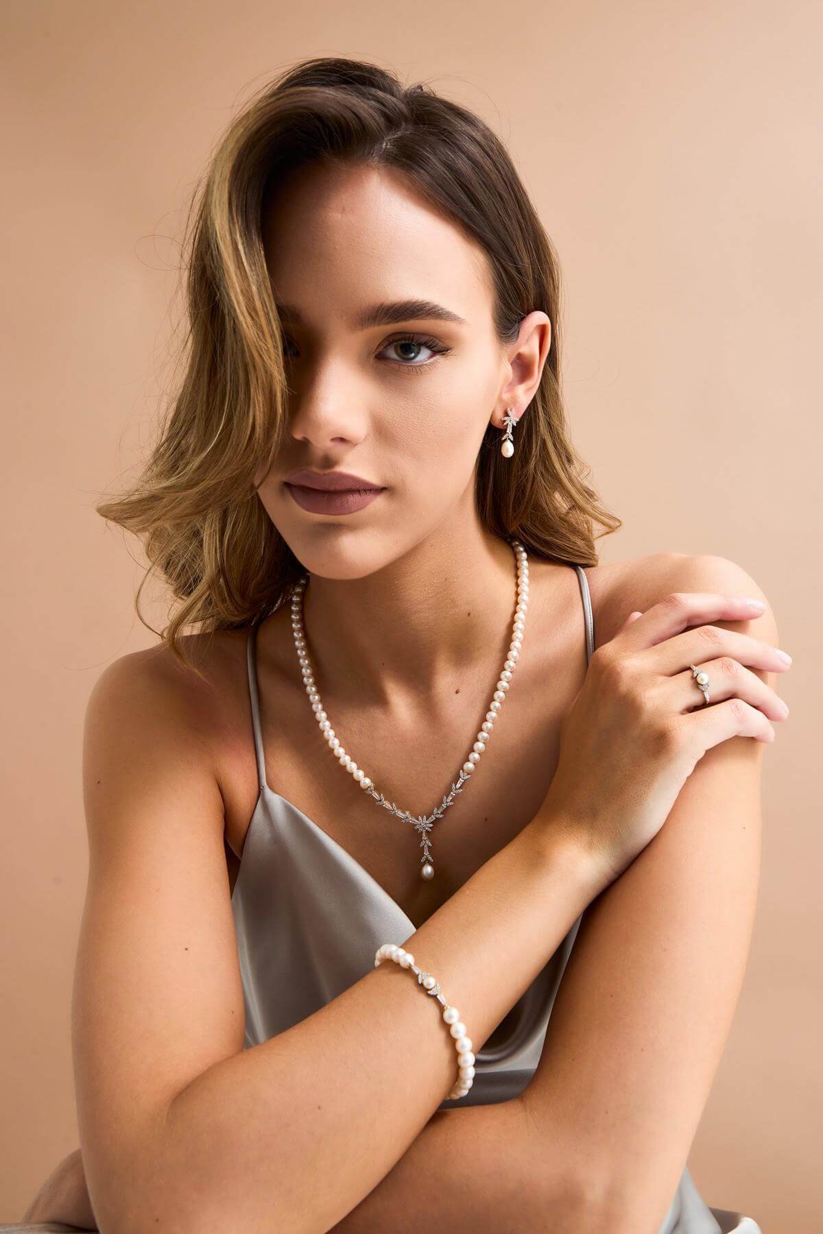 Yaprak Modelli Doğal İnci Küpe Kolye Bileklik Yüzük Dörtlü Set | | Birinci1926