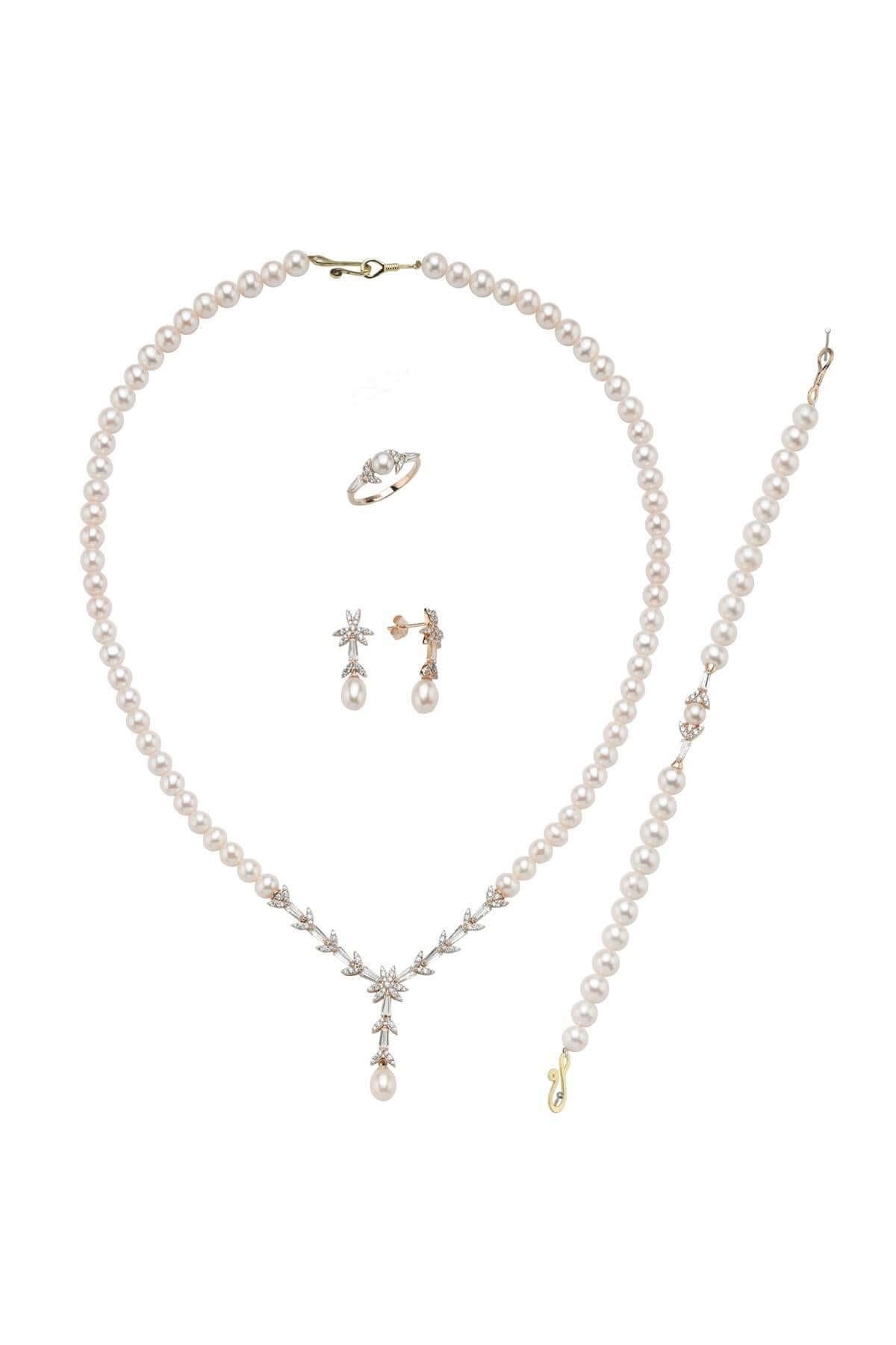 Yaprak Modelli Doğal İnci Küpe Kolye Bileklik Yüzük Dörtlü Set | | Birinci1926