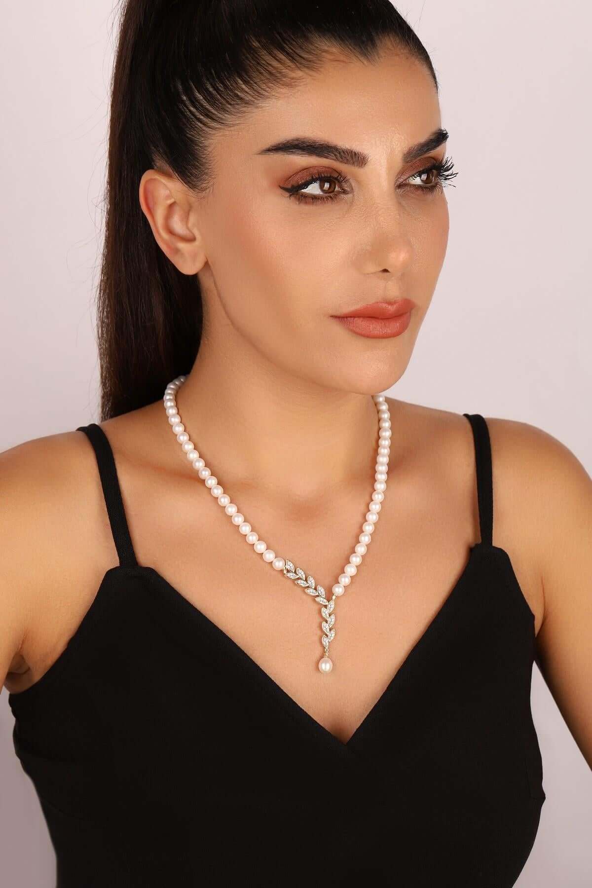 Yaprak Taşlı Doğal İnci Küpe Kolye Bileklik Yüzük Dörtlü Set | | Birinci1926