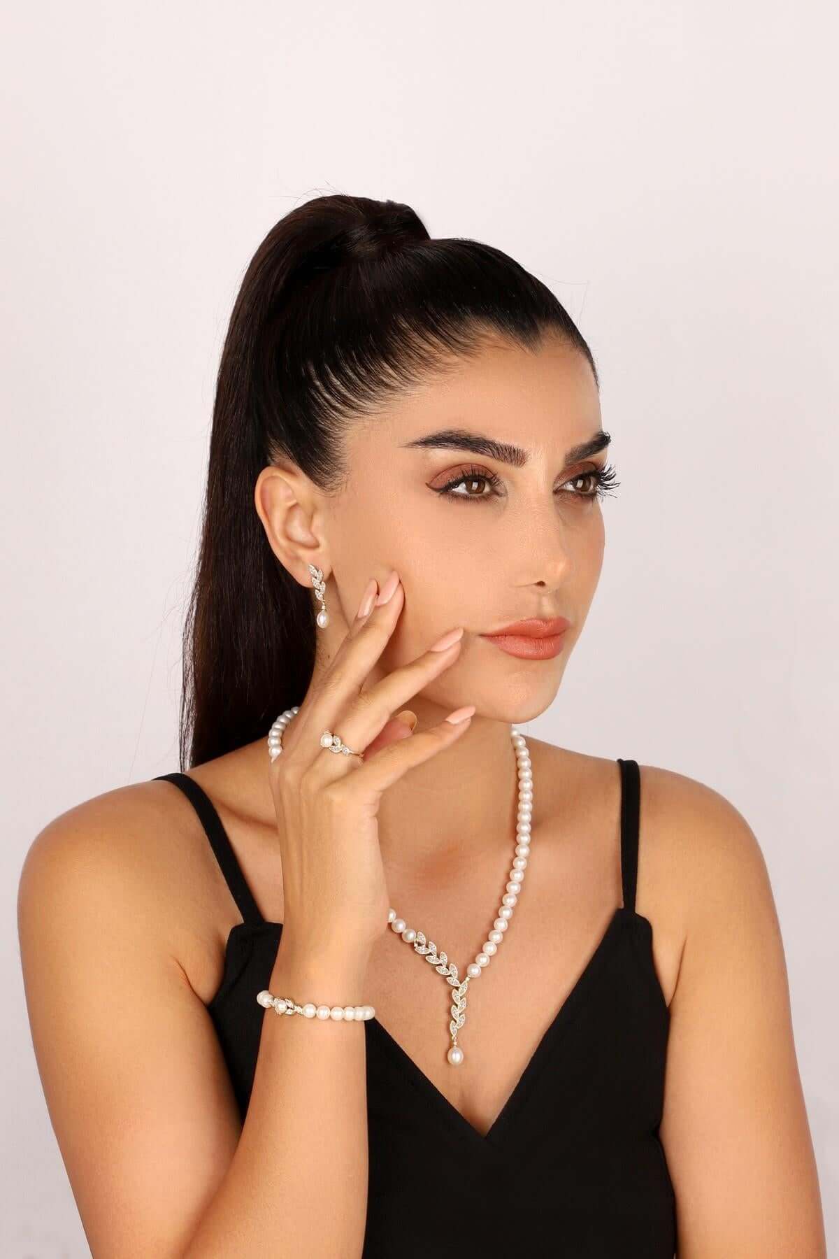 Yaprak Taşlı Doğal İnci Küpe Kolye Bileklik Yüzük Dörtlü Set | | Birinci1926
