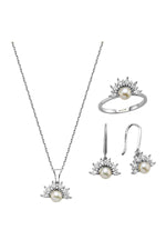 Yarım Çiçek Modelli Doğal İnci Küpe Kolye Yüzük Üçlü Set | | Birinci1926